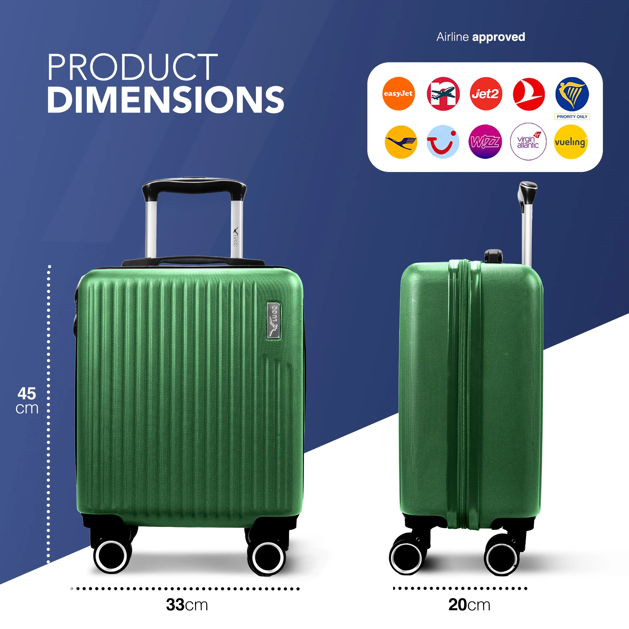 Vacay 15” Suitcase ABS Luggage, Aluminium Trolley Handle, 360° Spinner Wheels - Airline Compatible (45 x 33x 20cm) - Forest - Image 2