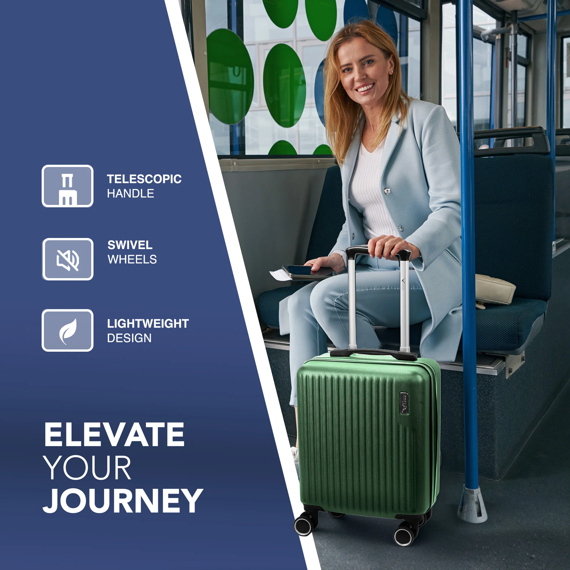 Vacay 15” Suitcase ABS Luggage, Aluminium Trolley Handle, 360° Spinner Wheels - Airline Compatible (45 x 33x 20cm) - Forest - Image 3