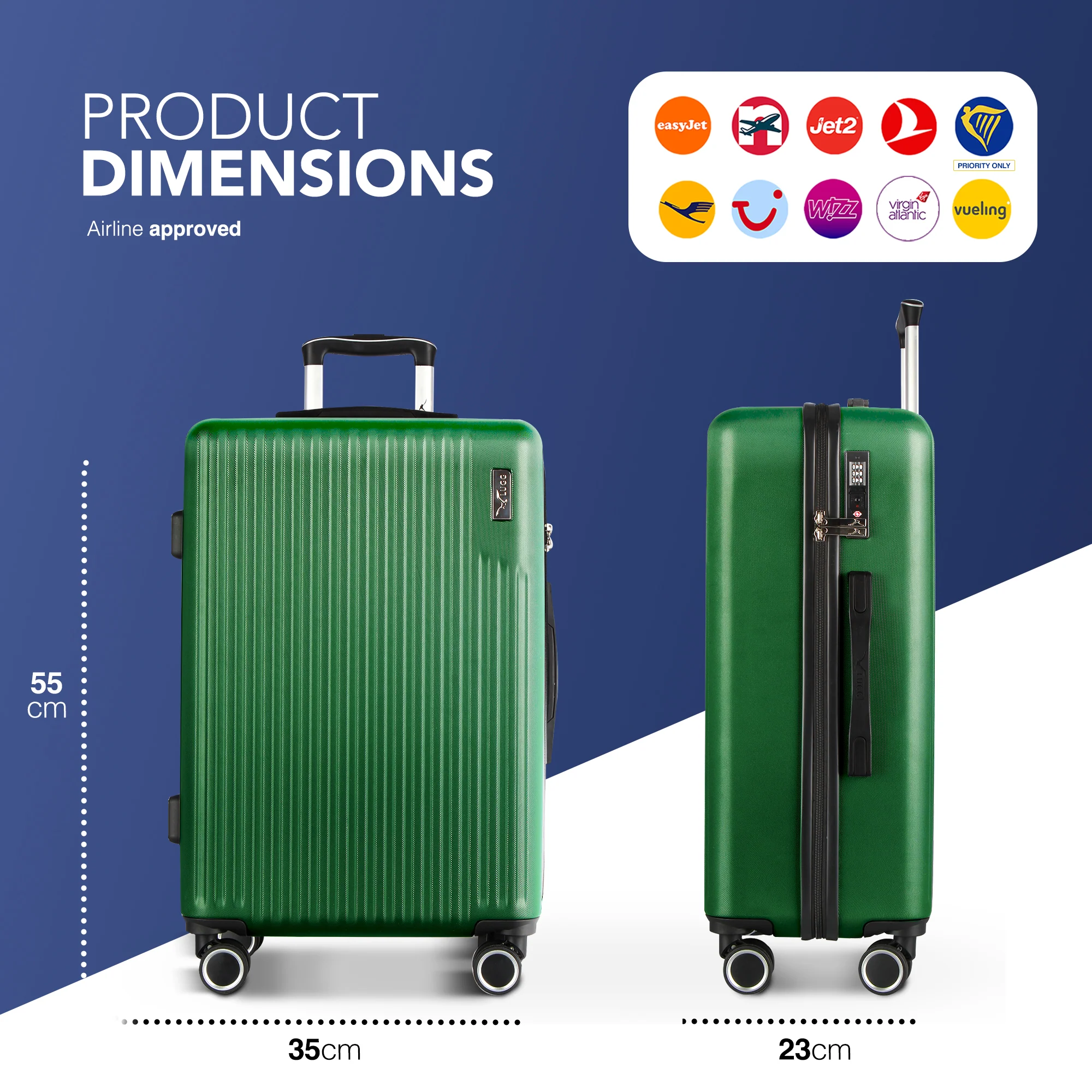 Vacay 20” Suitcase ABS Luggage with TSA Indent Lock, Aluminium Trolley Handle, 360° Spinner Wheels - Airline Compatible (55 x 35 x 23cm) - Forest - Image 2
