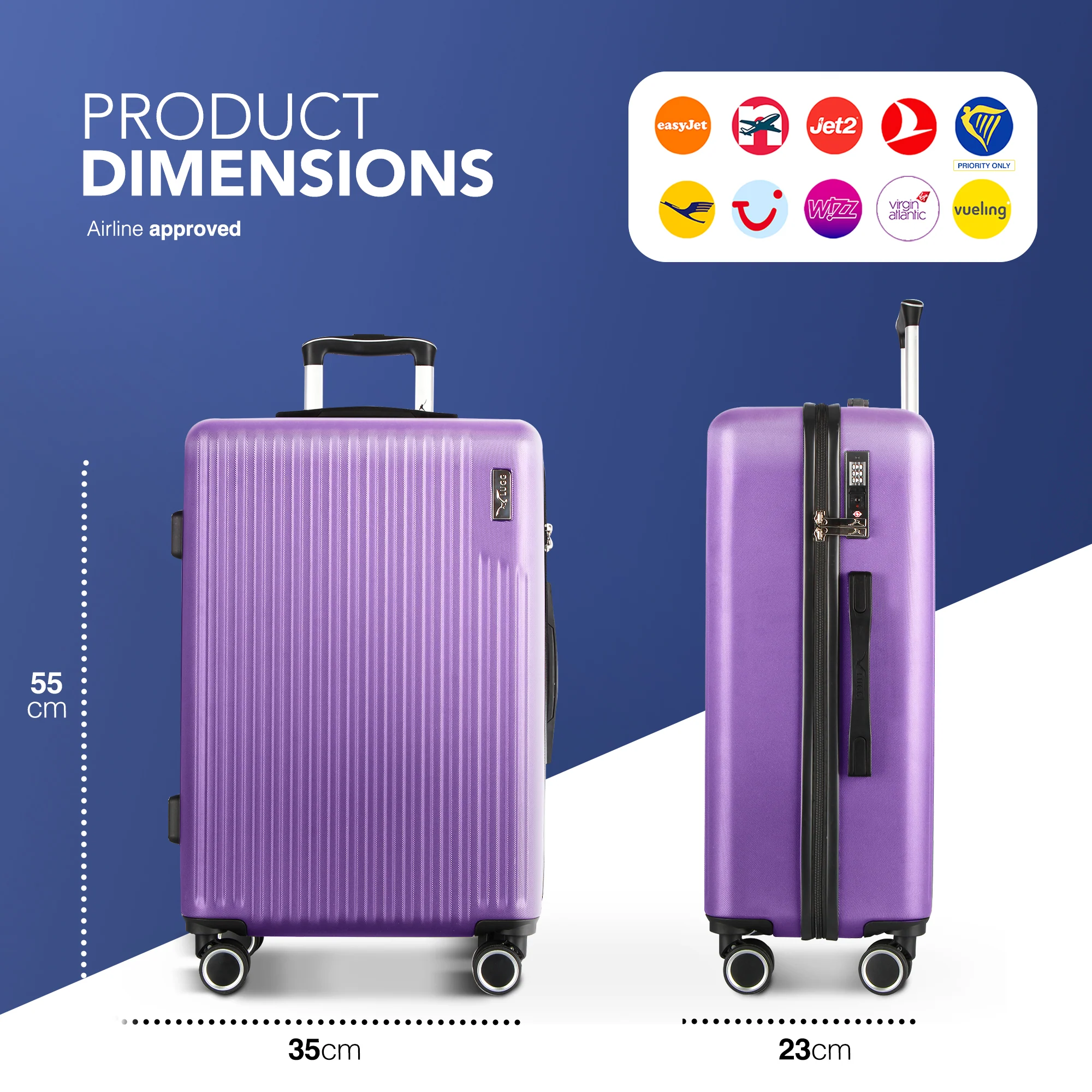 Vacay 20” Suitcase ABS Luggage with TSA Indent Lock, Aluminium Trolley Handle, 360° Spinner Wheels - Airline Compatible (55 x 35 x 23cm) - Lavender - Image 2