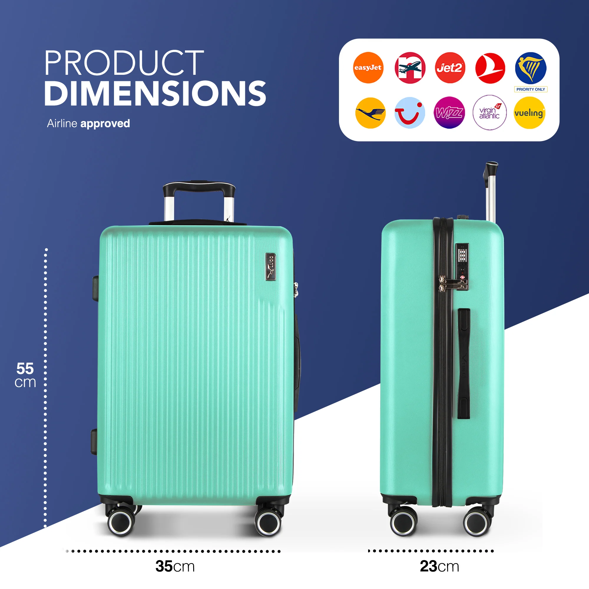 Vacay 20” Suitcase ABS Luggage with TSA Indent Lock, Aluminium Trolley Handle, 360° Spinner Wheels - Airline Compatible (55 x 35 x 23cm) - Mint - Image 2