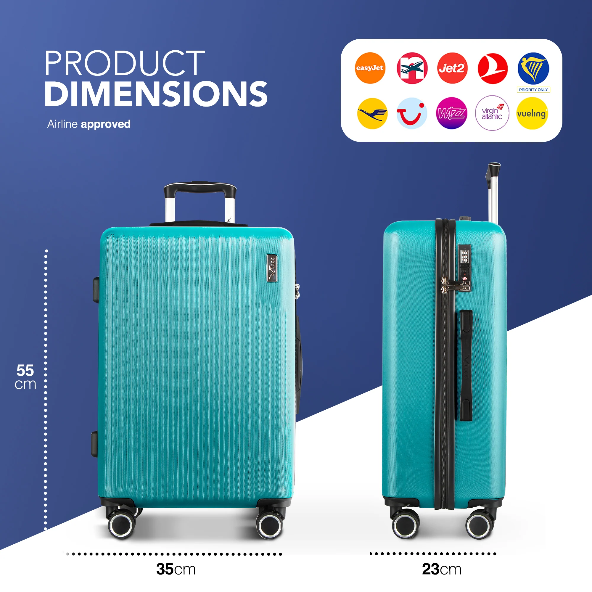Vacay 20” Suitcase ABS Luggage with TSA Indent Lock, Aluminium Trolley Handle, 360° Spinner Wheels - Airline Compatible (55 x 23 x 35cm) - Ocean - Image 2
