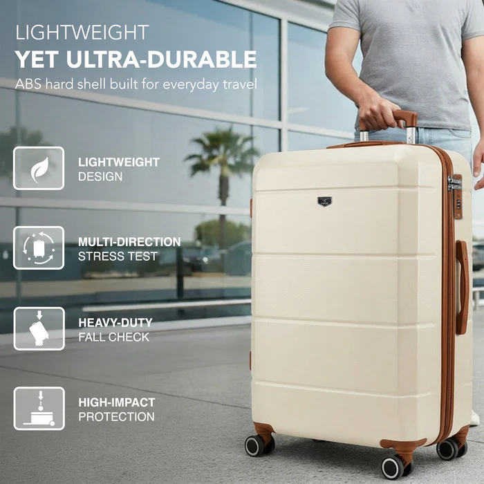 LUGG Jetset 28 Inch Large Suitcase – Lightweight Hard Shell Luggage with TSA Lock – Water-Resistant ABS Spinner Suitcase – 4 Wheels – (75x49x29cm) - Cream & Brown - Image 3