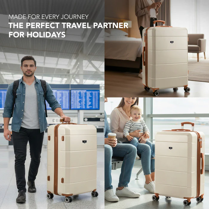 LUGG Jetset 28 Inch Large Suitcase – Lightweight Hard Shell Luggage with TSA Lock – Water-Resistant ABS Spinner Suitcase – 4 Wheels – (75x49x29cm) - Cream & Brown - Image 9