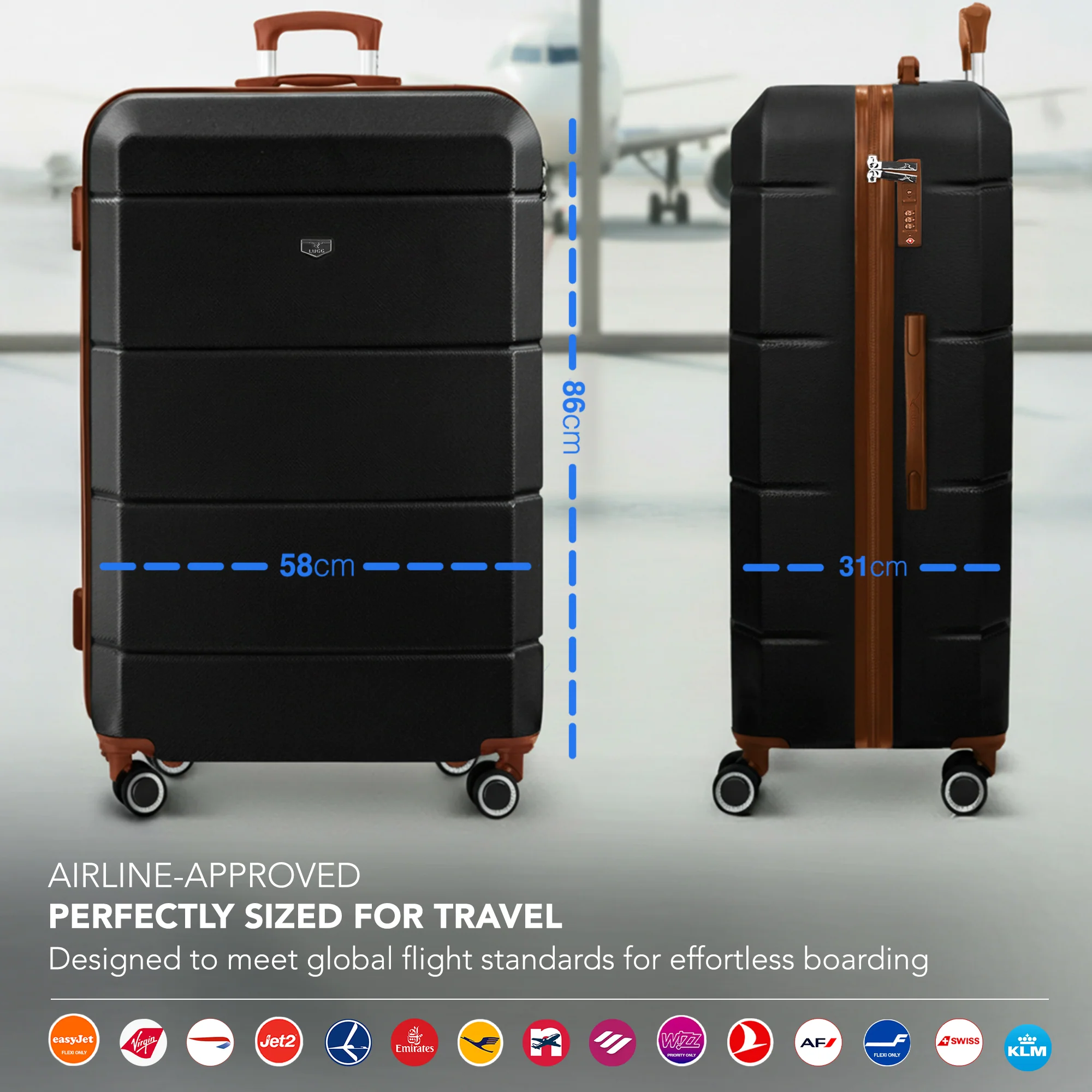 Jetset 32" Large Suitcase – Lightweight Hard Shell Luggage with TSA Lock – Water-Resistant ABS Spinner Suitcase – 4 Wheels – 86x58x31cm Travel Bag - Black with Brown - Image 2