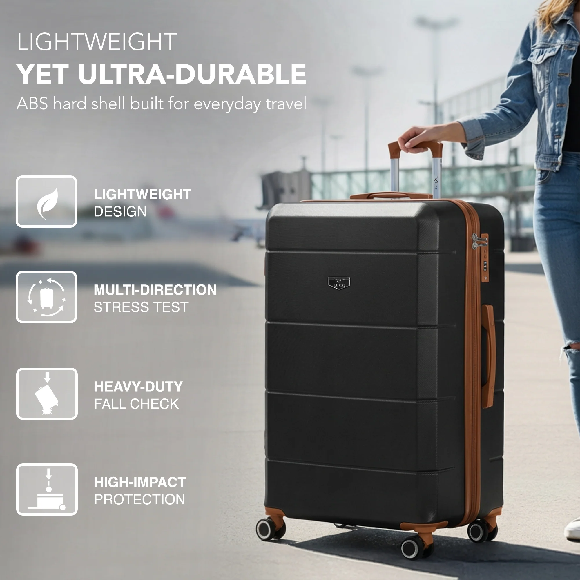 Jetset 32" Large Suitcase – Lightweight Hard Shell Luggage with TSA Lock – Water-Resistant ABS Spinner Suitcase – 4 Wheels – 86x58x31cm Travel Bag - Black with Brown - Image 3