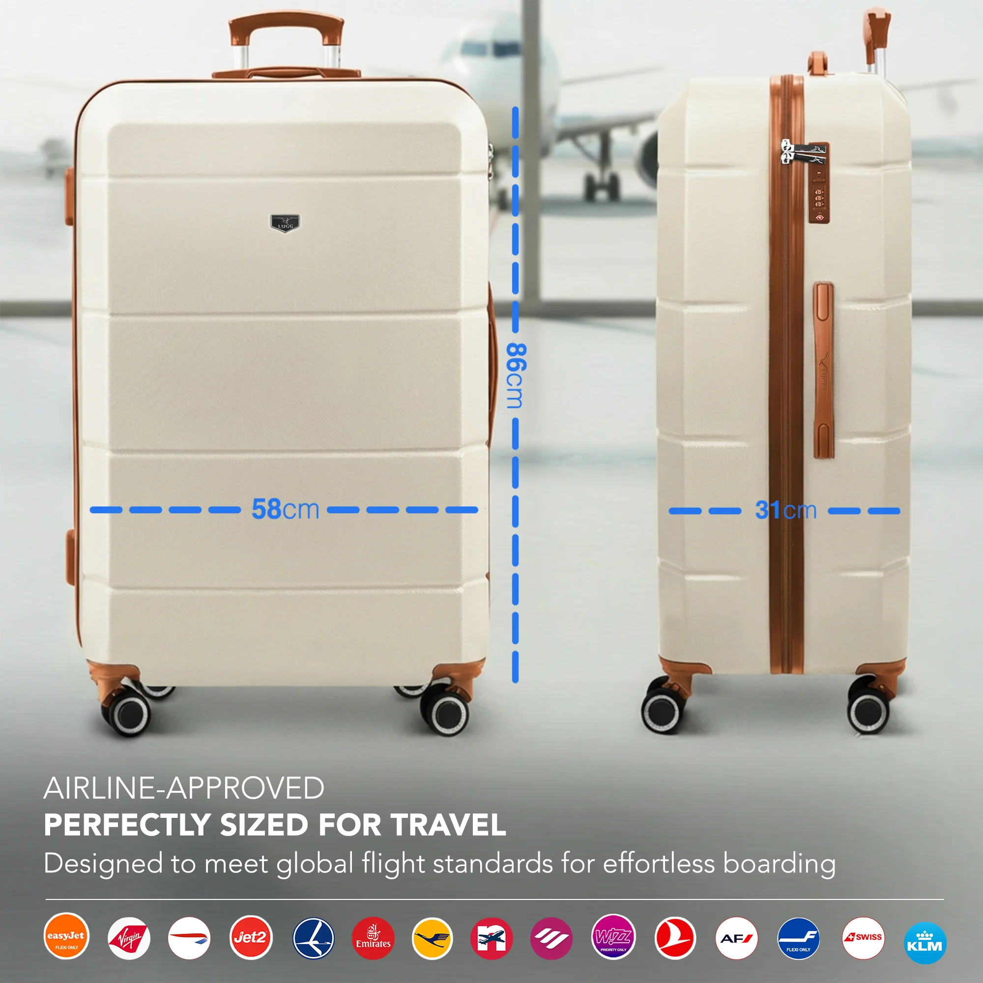 Jetset 32" Large Suitcase – Lightweight Hard Shell Luggage with TSA Lock – Water-Resistant ABS Spinner Suitcase – 4 Wheels – 86x58x31cm Travel Bag - Cream & Brown - Image 2
