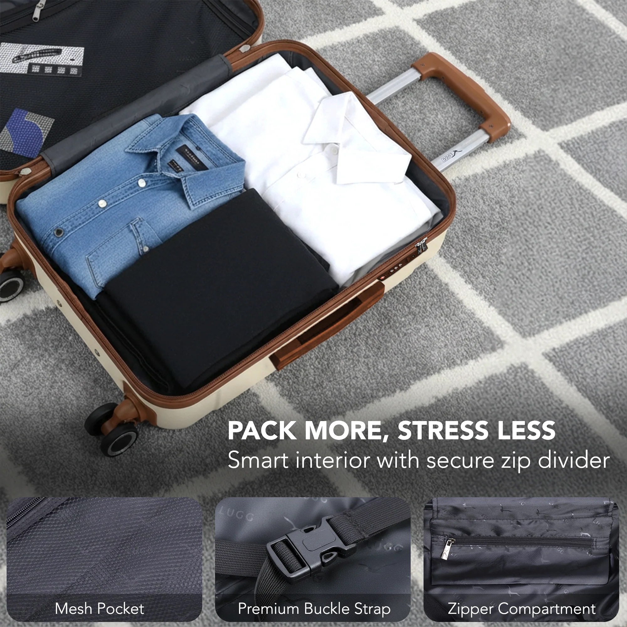 Jetset 32" Large Suitcase – Lightweight Hard Shell Luggage with TSA Lock – Water-Resistant ABS Spinner Suitcase – 4 Wheels – 86x58x31cm Travel Bag - Cream & Brown - Image 7