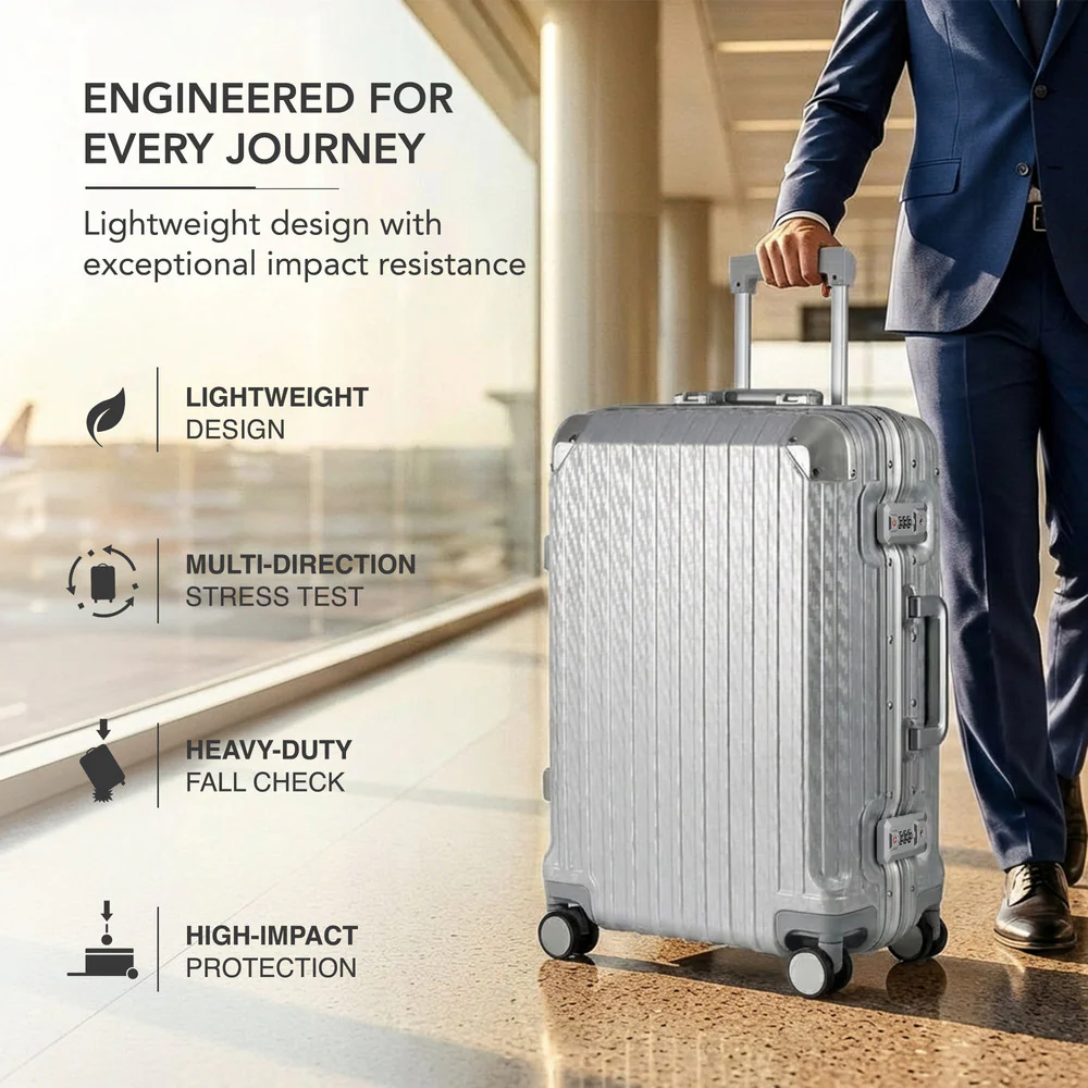 LUGG 24" Hard Shell Trolley Suitcase Aluminium TSA Lock Metallic Silver 65x45x26.5cm - Image 3