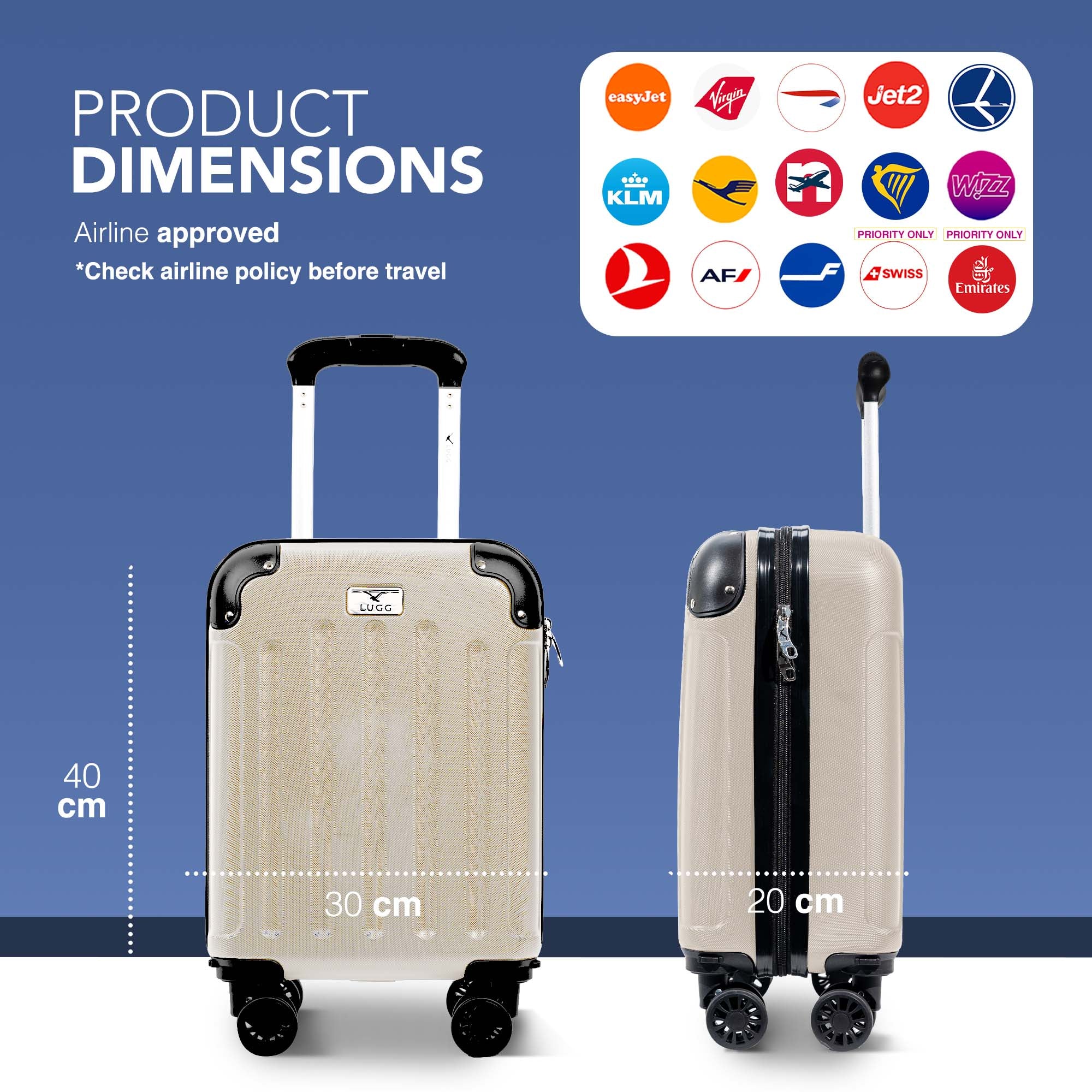 LUGG 40cm Skywander Lightweight Underseat Cabin Bag – Ryanair & EasyJet Approved Carry-On Suitcase, Durable ABS Hard Shell, Smooth Double Spinner Wheels, Water-Resistant & Compact Luggage (40x30x20cm, without wheels) - Beige - Image 2