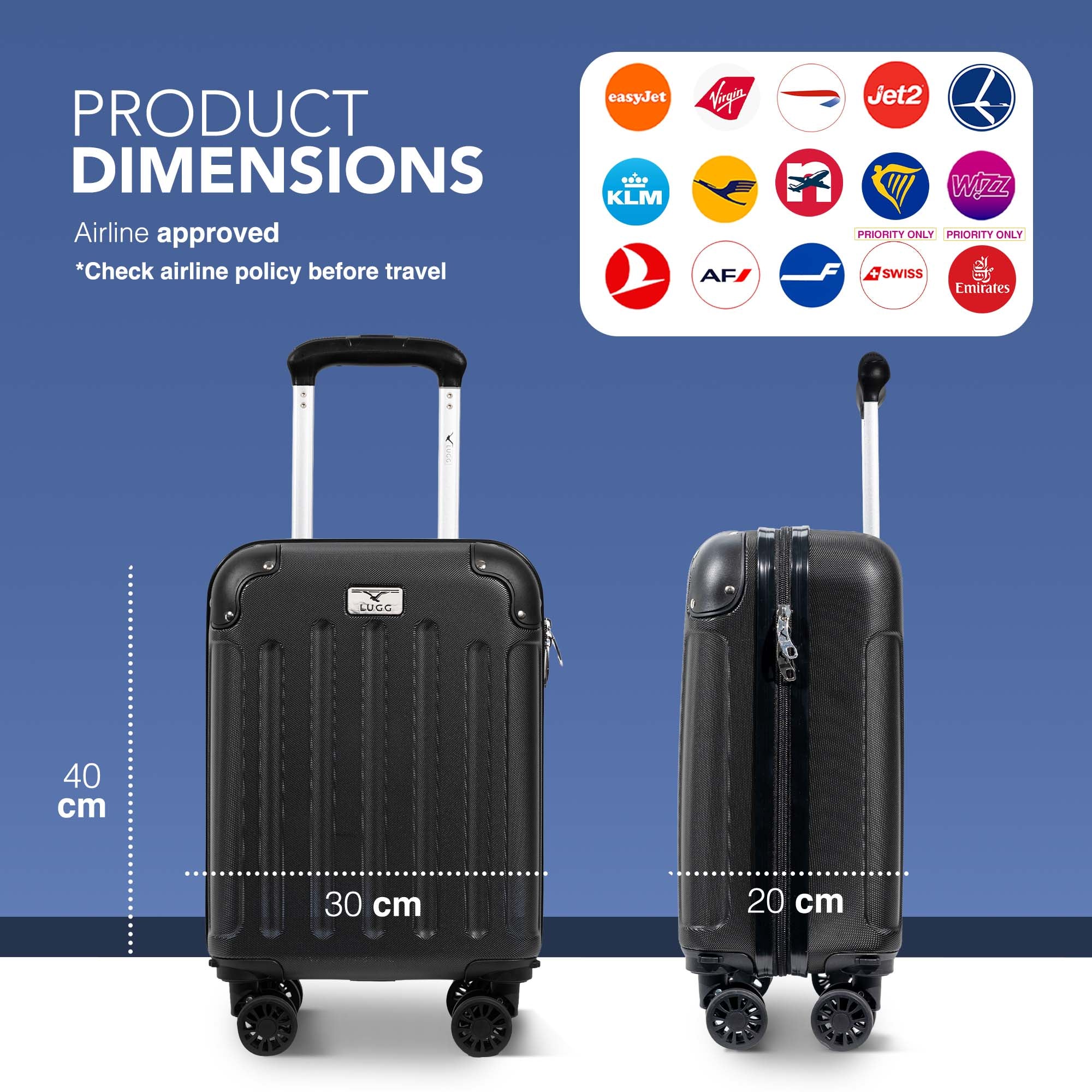 LUGG 40cm Skywander Lightweight Underseat Cabin Bag – Ryanair & EasyJet Approved Carry-On Suitcase, Durable ABS Hard Shell, Smooth Double Spinner Wheels, Water-Resistant & Compact Luggage, (40x30x20cm, without wheels) - Black - Image 2