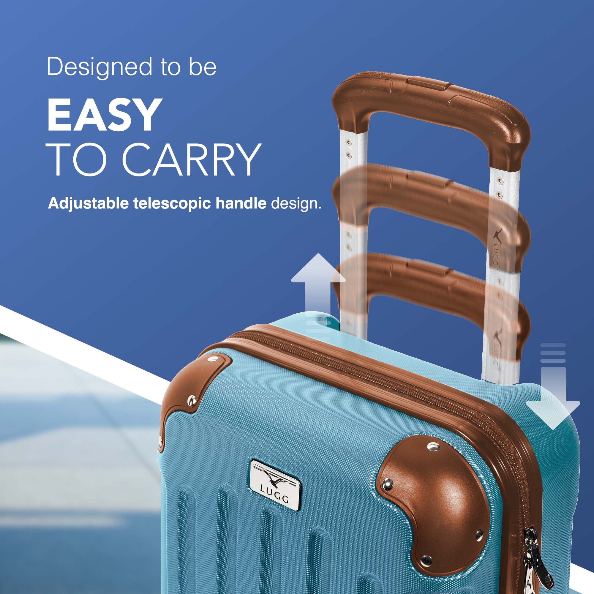 LUGG 40cm Skywander Lightweight Underseat Cabin Bag – Ryanair & EasyJet Approved Carry-On Suitcase, Durable ABS Hard Shell, Smooth Double Spinner Wheels, Water-Resistant & Compact Luggage (40x30x20cm, without wheels) - Blue/Brown - Image 4