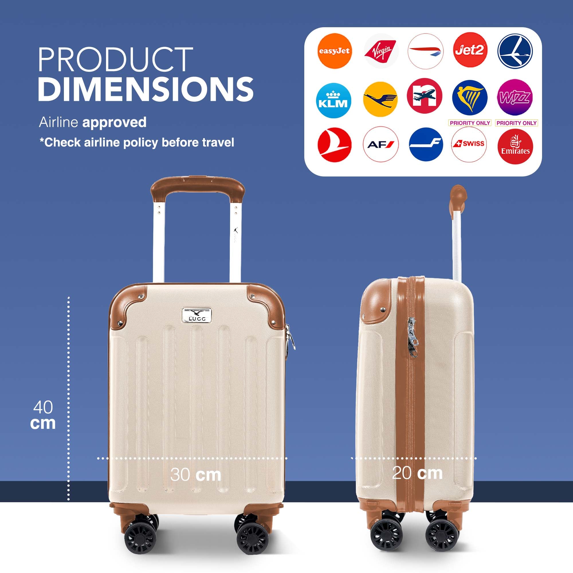 LUGG 40cm Skywander Lightweight Underseat Cabin Bag – Ryanair & EasyJet Approved Carry-On Suitcase, Durable ABS Hard Shell, Smooth Double Spinner Wheels, Water-Resistant & Compact Luggage (40x30x20cm, without wheels) - Cream/Brown - Image 2