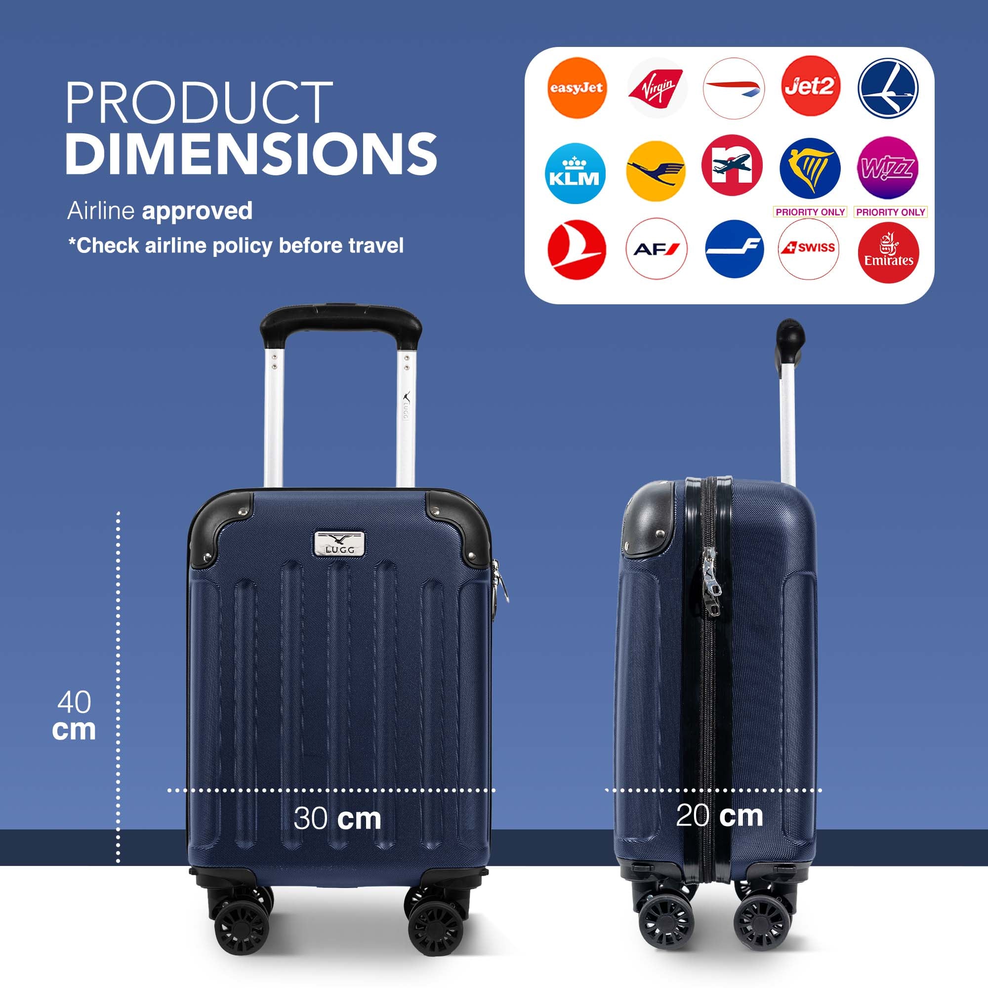 LUGG 40cm Skywander Lightweight Underseat Cabin Bag – Ryanair & EasyJet Approved Carry-On Suitcase, Durable ABS Hard Shell, Smooth Double Spinner Wheels, Water-Resistant & Compact Luggage (40x30x20cm, without wheels) - Midnight Blue - Image 2