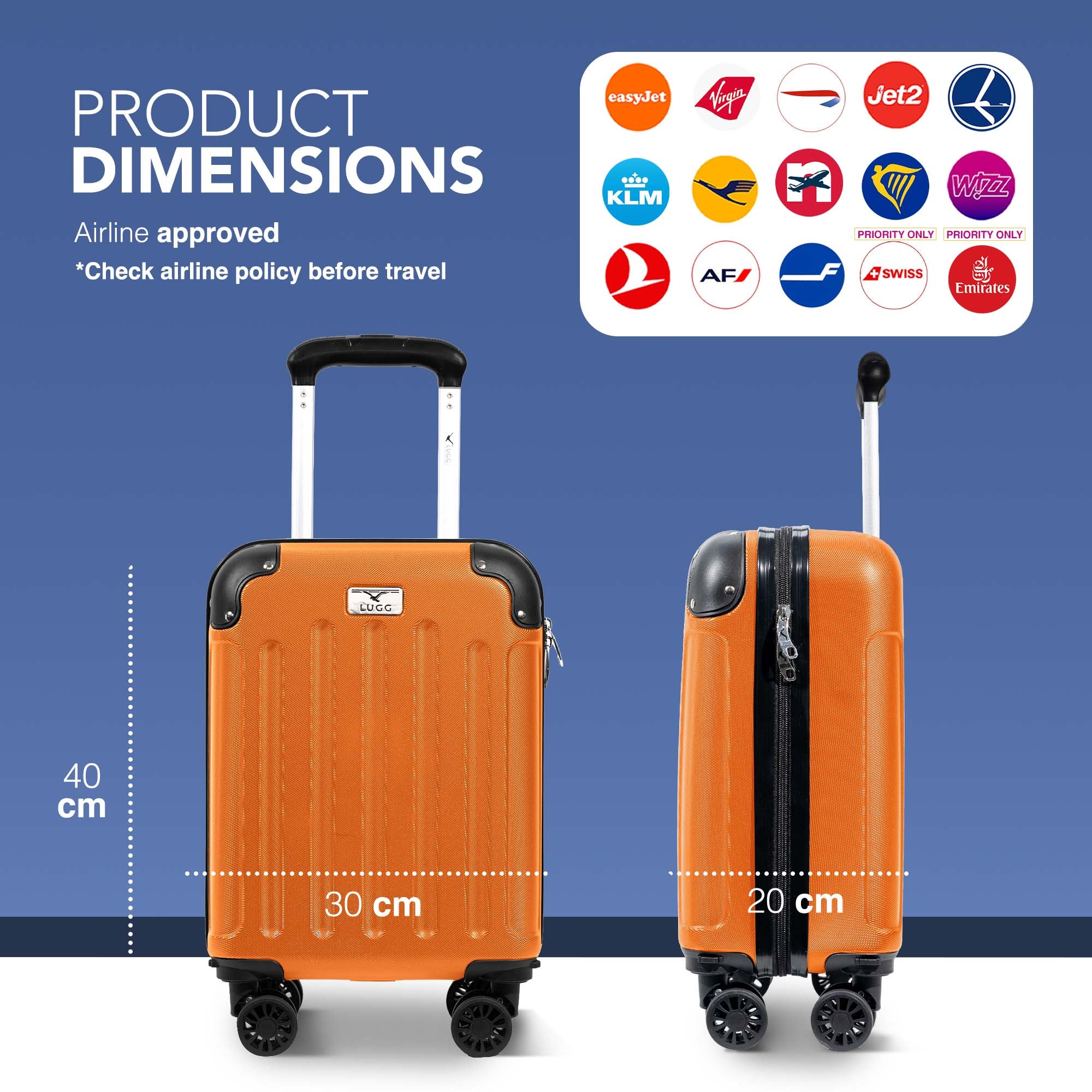 LUGG 40cm Skywander Lightweight Underseat Cabin Bag – Ryanair & EasyJet Approved Carry-On Suitcase, Durable ABS Hard Shell, Smooth Double Spinner Wheels, Water-Resistant & Compact Luggage (40x30x20cm, without wheels) - Orange - Image 2