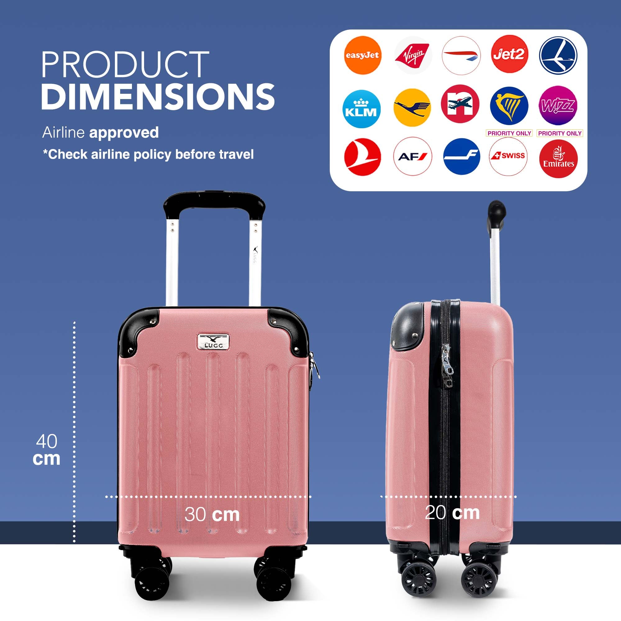 LUGG 40cm Skywander Lightweight Underseat Cabin Bag – Ryanair & EasyJet Approved Carry-On Suitcase, Durable ABS Hard Shell, Smooth Double Spinner Wheels, Water-Resistant & Compact Luggage (40x30x20cm, without wheels) - Rose Gold - Image 2
