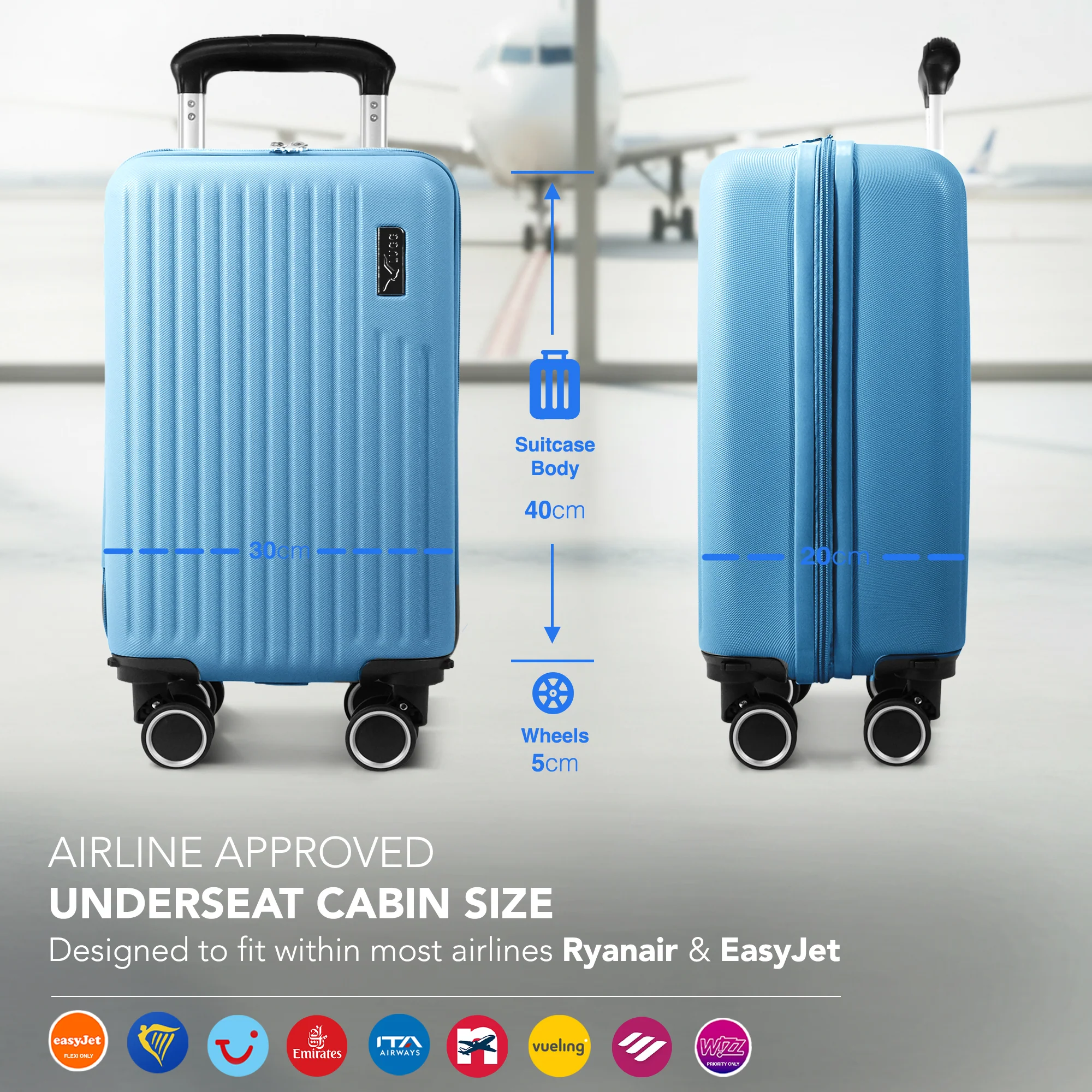 LUGG 40cm Vacay Suitcase ABS Luggage, Aluminium Trolley Handle, 360° Spinner Wheels, Water-Resistant & Durable Material - Airline Compatible (40 x 30 x 20cm)- Skyblue - Image 2