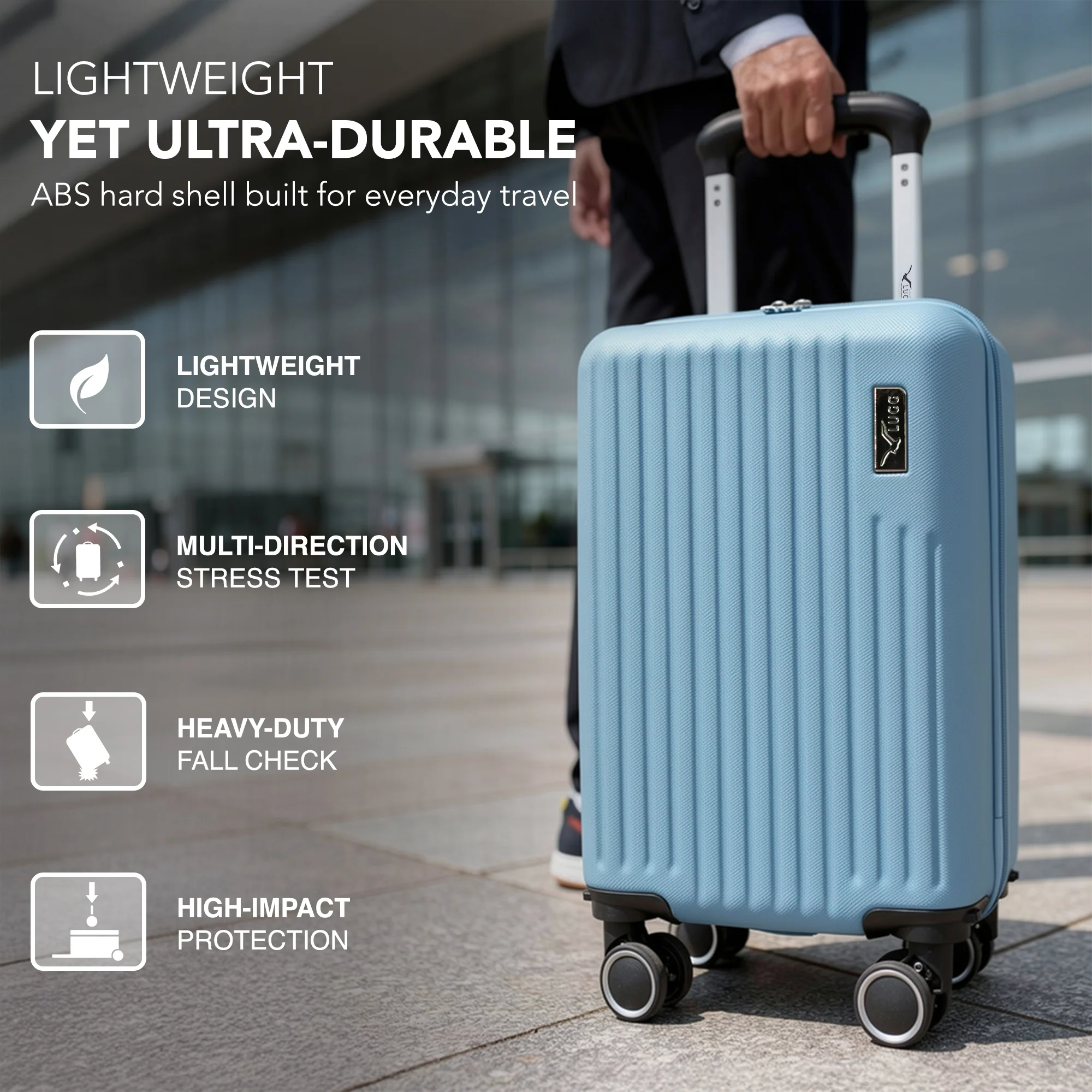 LUGG 40cm Vacay Suitcase ABS Luggage, Aluminium Trolley Handle, 360° Spinner Wheels, Water-Resistant & Durable Material - Airline Compatible (40 x 30 x 20cm)- Skyblue - Image 3