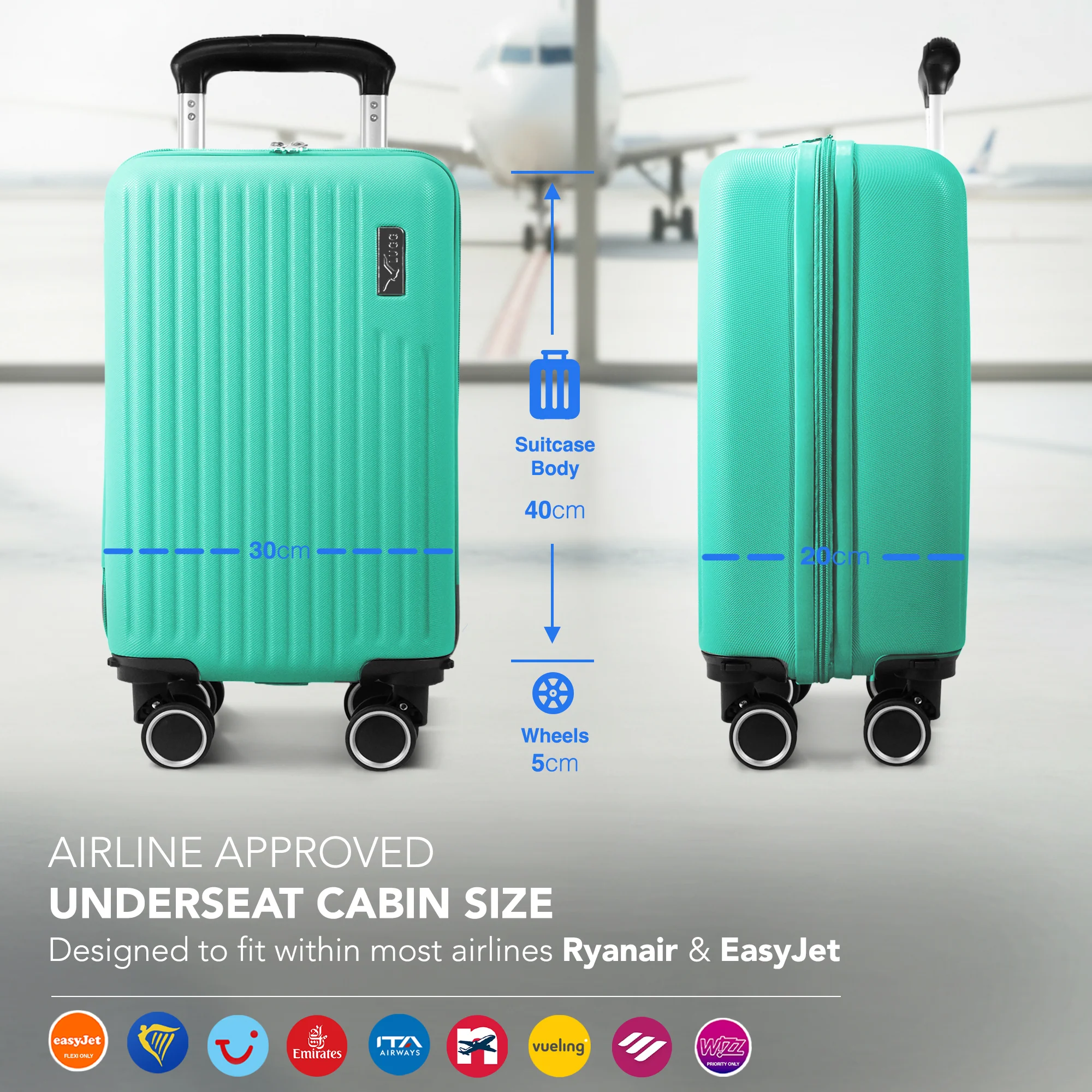 LUGG 40cm Vacay Suitcase ABS Luggage, Aluminium Trolley Handle, 360° Spinner Wheels, Water-Resistant & Durable Material - Airline Compatible (40 x 30x 20cm)- Mint - Image 2