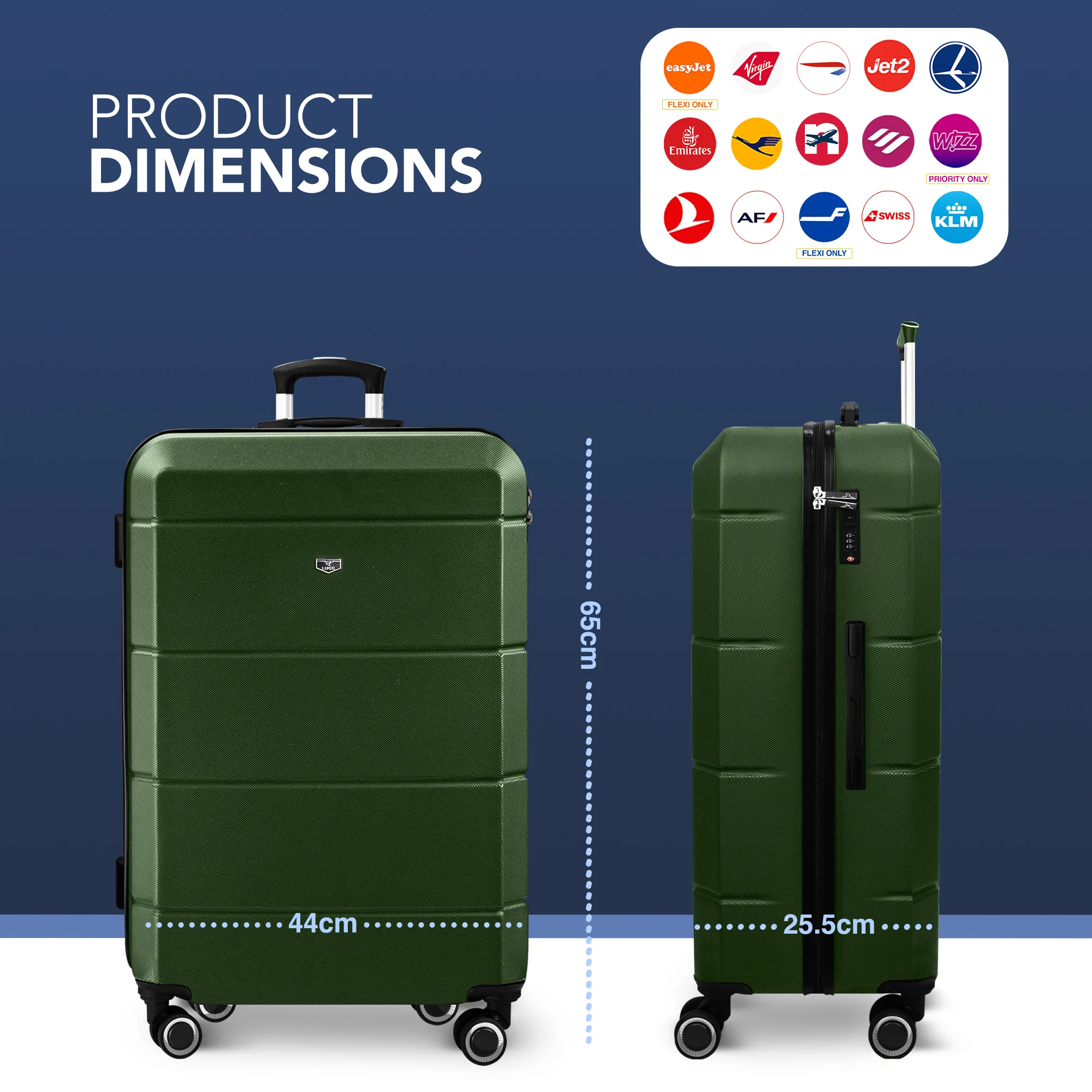 LUGG Jetset 24” Lightweight Travel Carry On Suitcase, ABS, Water Resistant & TSA Lock, Easyjet Overhead- Army Green - Image 8