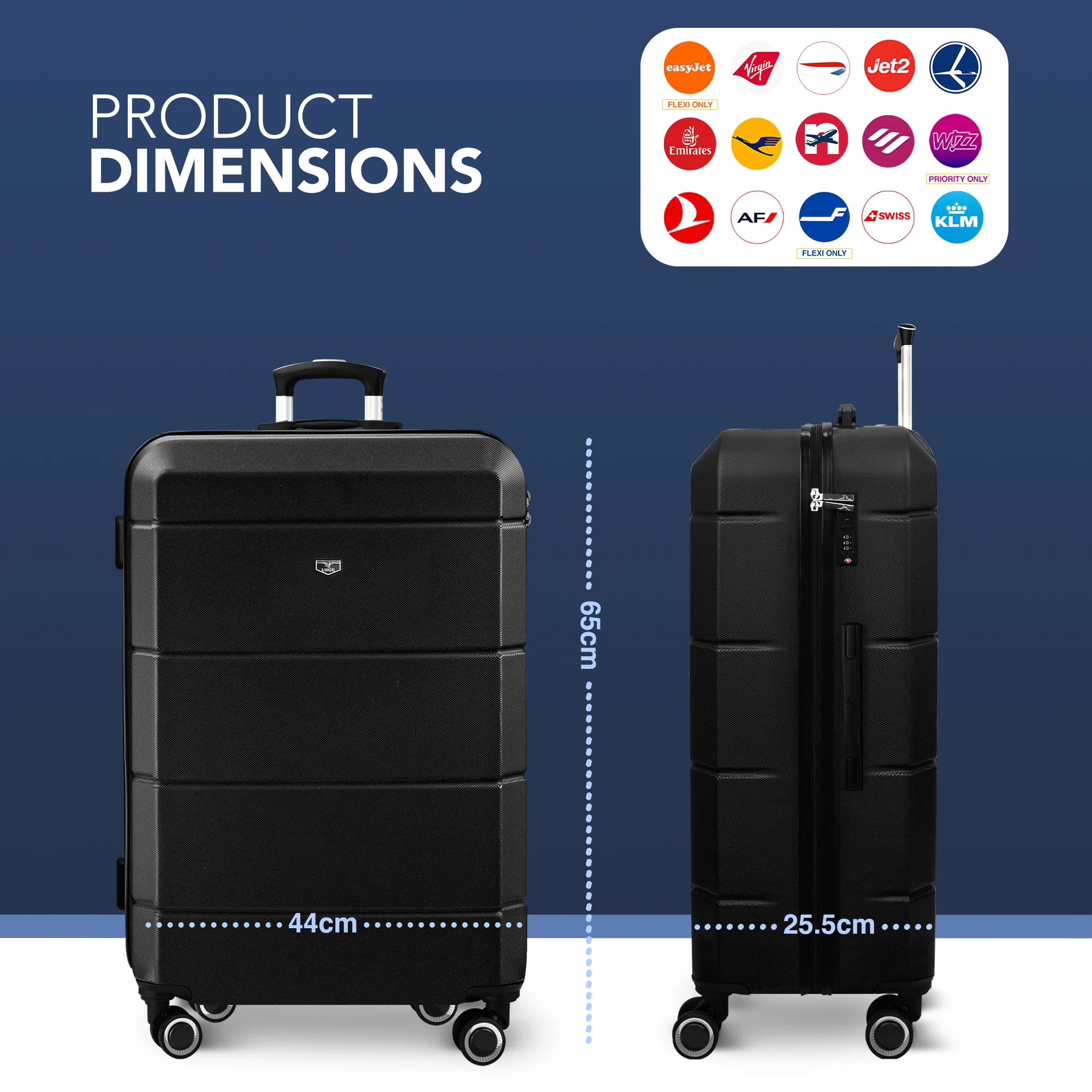 LUGG Jetset 24” Lightweight Travel Carry On Suitcase, ABS, Water Resistant & TSA Lock, Easyjet Overhead- Black - Image 2