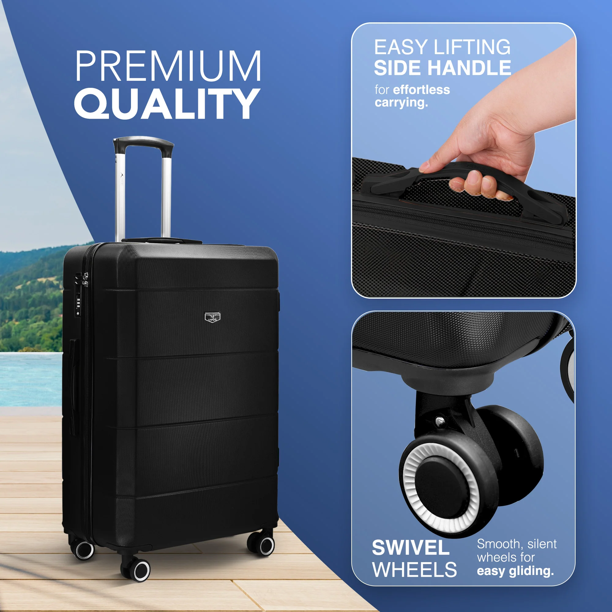 LUGG Jetset 24” Lightweight Travel Carry On Suitcase, ABS, Water Resistant & TSA Lock, Easyjet Overhead- Black - Image 3
