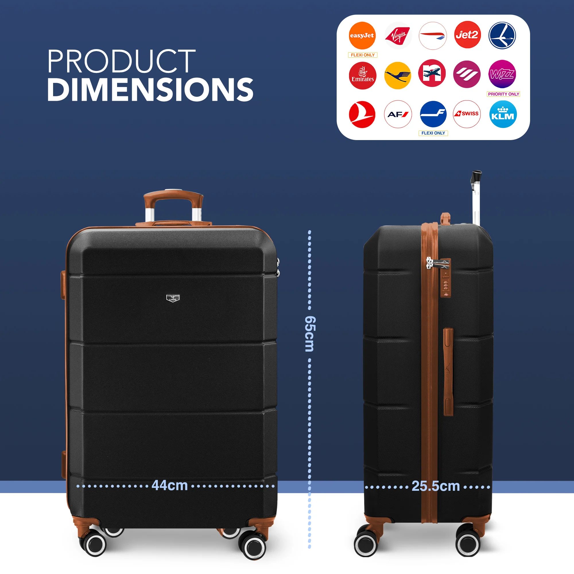 LUGG Jetset 24” Lightweight Travel Carry On Suitcase, ABS, Water Resistant & TSA Lock, Easyjet Overhead- Black with Brown - Image 2