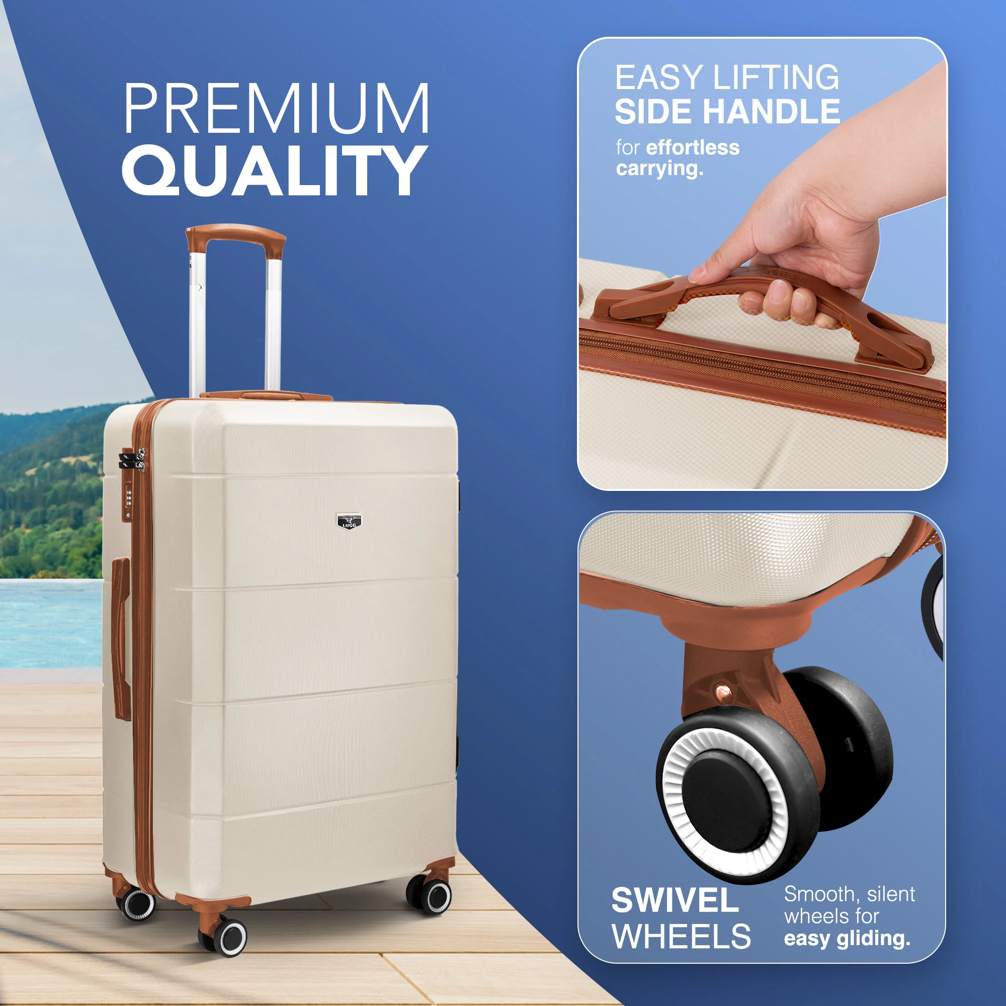 LUGG Jetset 24” Lightweight Travel Carry On Suitcase, ABS, Water Resistant & TSA Lock, Easyjet Overhead- Cream & Brown - Image 2
