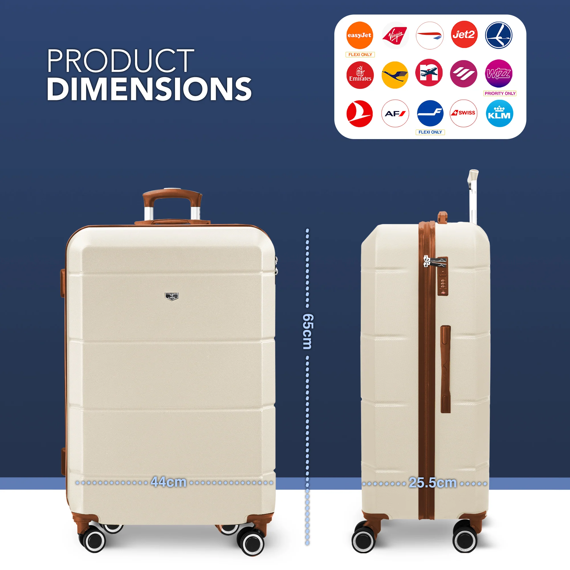 LUGG Jetset 24” Lightweight Travel Carry On Suitcase, ABS, Water Resistant & TSA Lock, Easyjet Overhead- Cream & Brown - Image 8