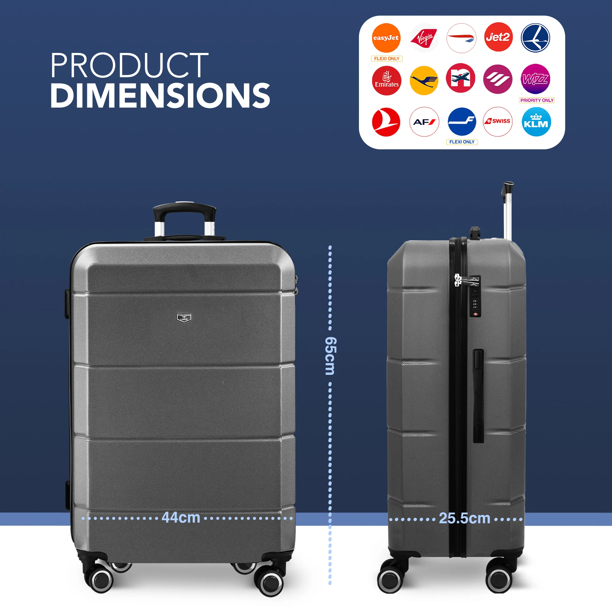 LUGG Jetset 24” Lightweight Travel Carry On Suitcase, ABS, Water Resistant & TSA Lock, Easyjet Overhead- Gunmetal - Image 2