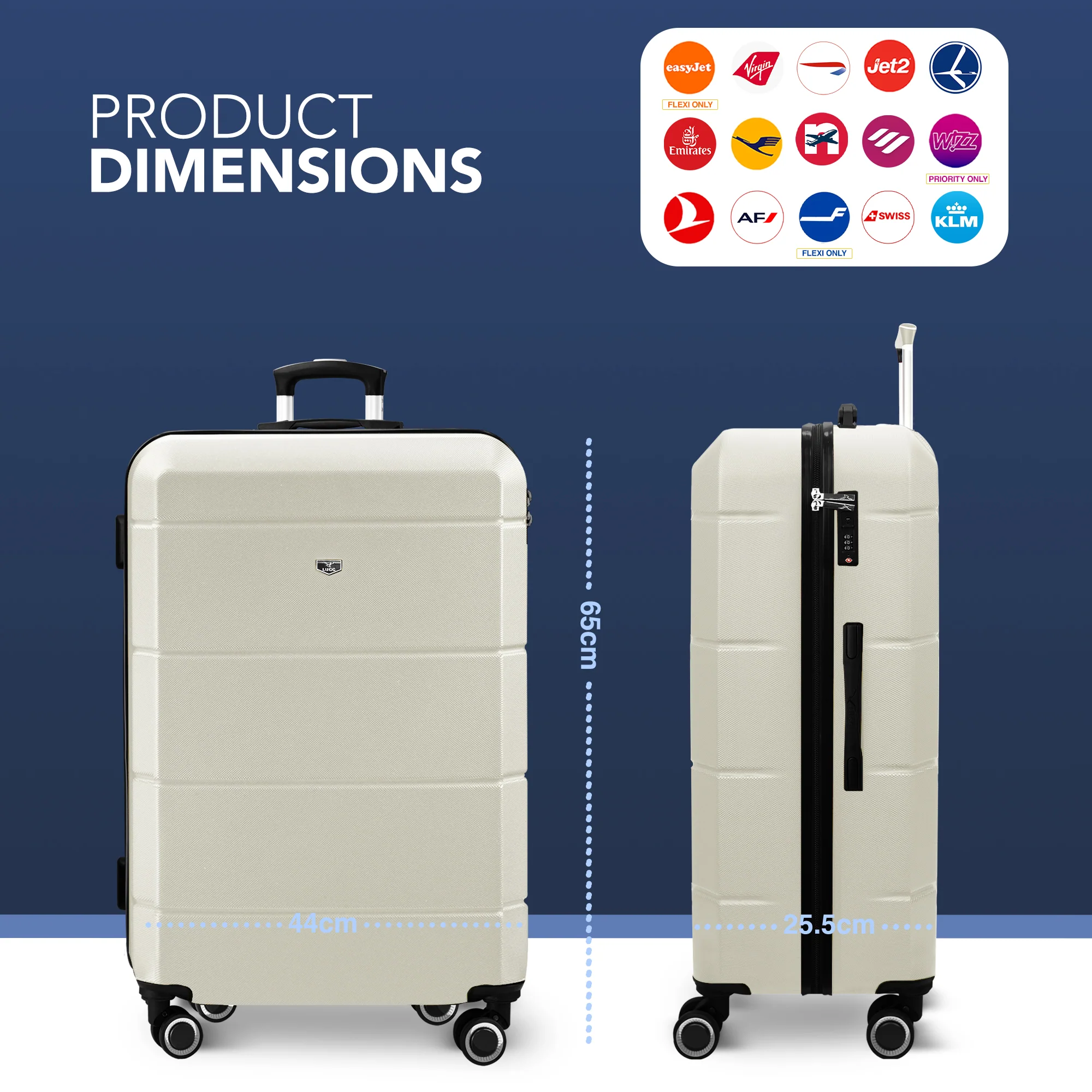 LUGG Jetset 24” Lightweight Travel Carry On Suitcase, ABS, Water Resistant & TSA Lock, Easyjet Overhead- Ivory - Image 3