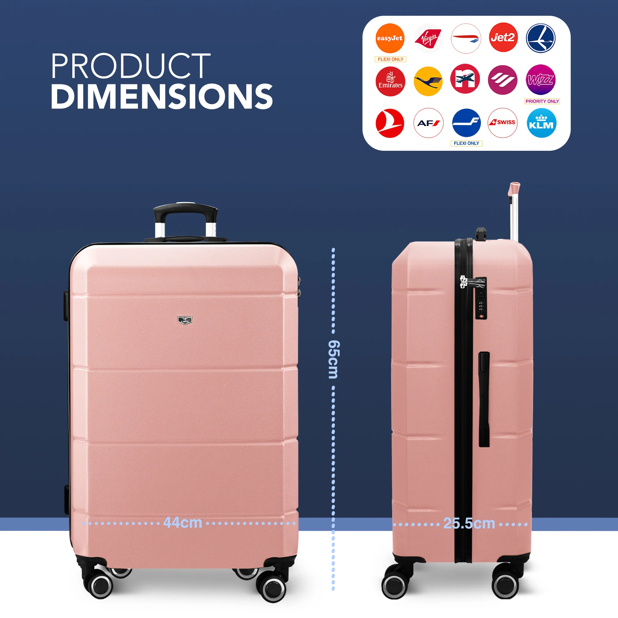 LUGG Jetset 24” Lightweight Travel Carry On Suitcase, ABS, Water Resistant & TSA Lock, Easyjet Overhead- Rose Gold - Image 2