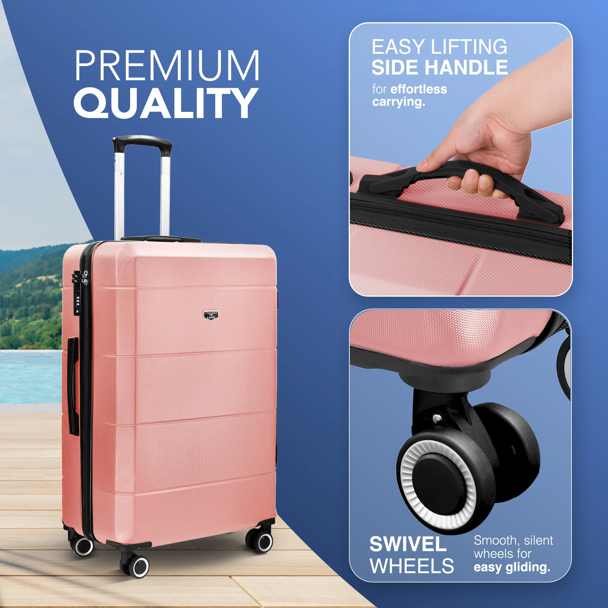 LUGG Jetset 24” Lightweight Travel Carry On Suitcase, ABS, Water Resistant & TSA Lock, Easyjet Overhead- Rose Gold - Image 3