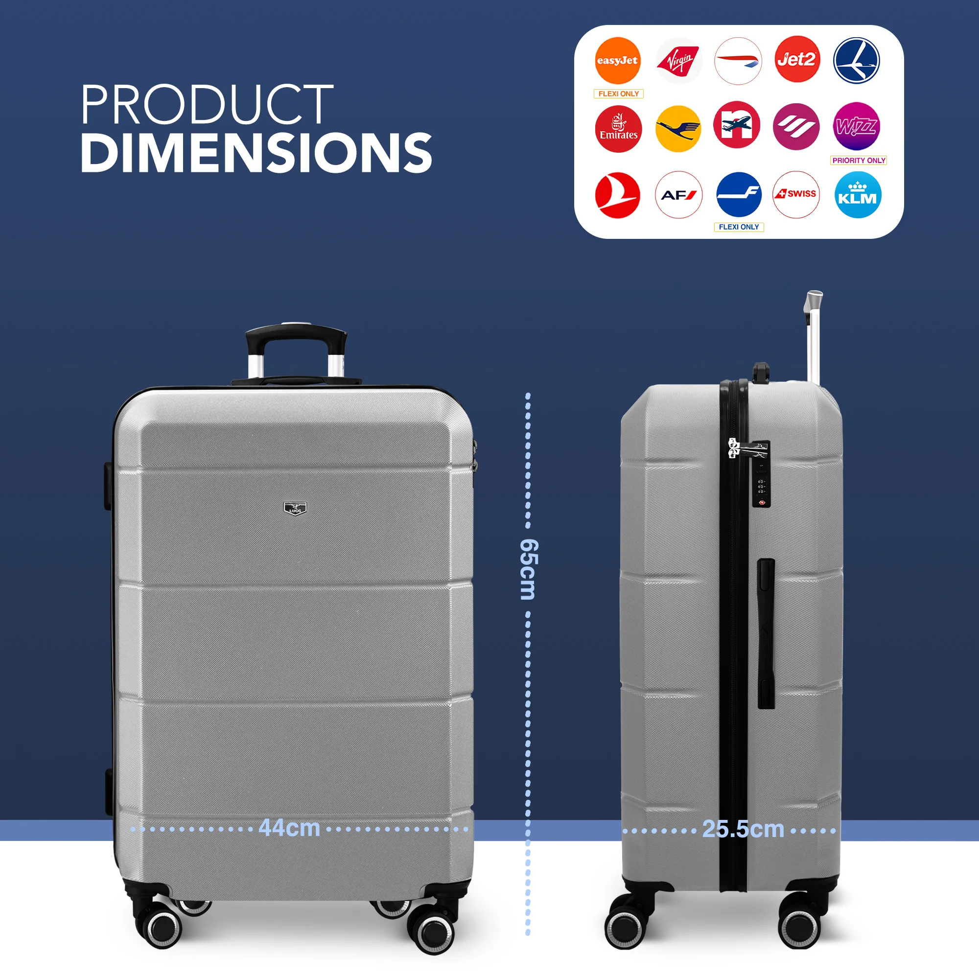LUGG Jetset 24” Lightweight Travel Carry On Suitcase, ABS, Water Resistant & TSA Lock, Easyjet Overhead- Silver - Image 2