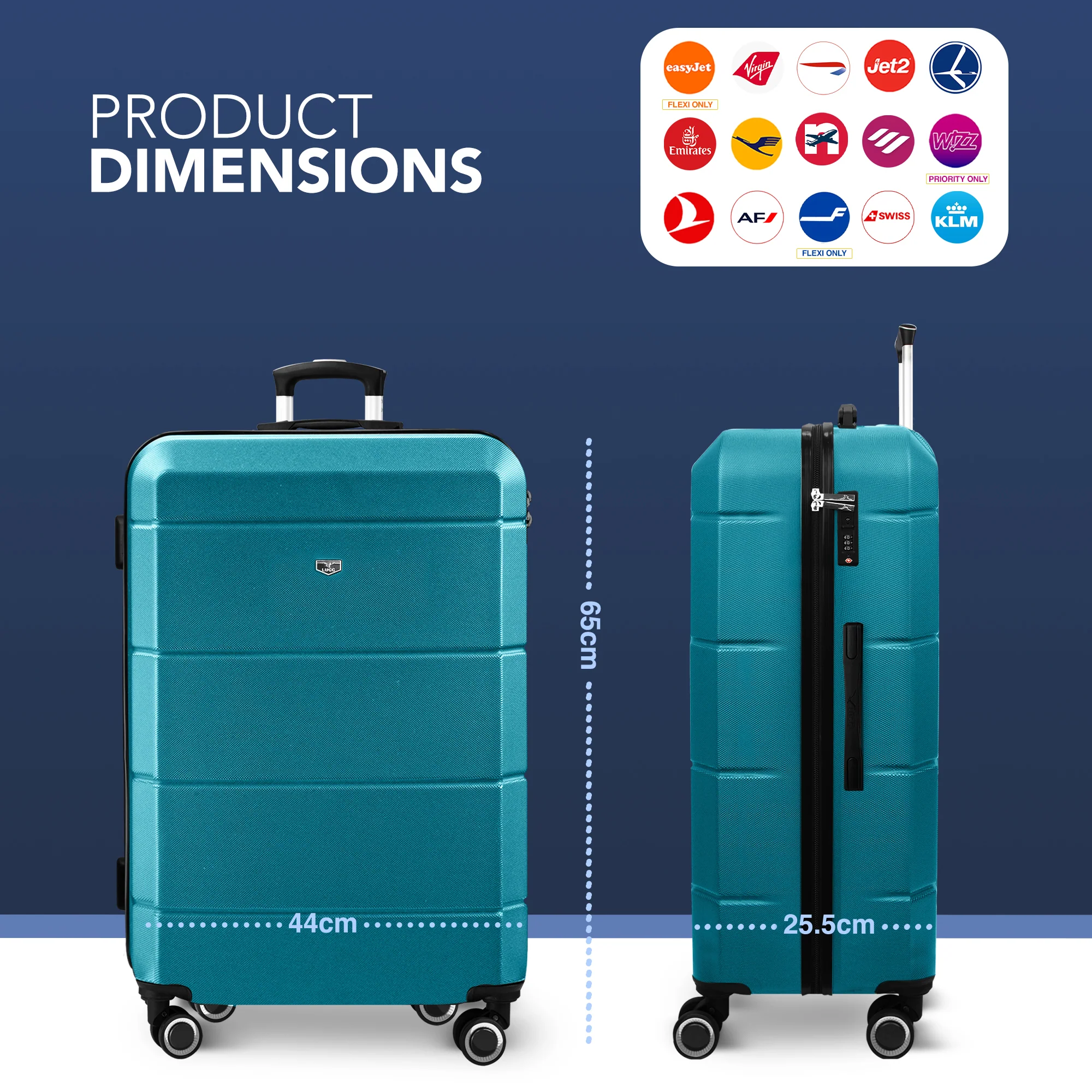 LUGG Jetset 24â Lightweight Travel Carry On Suitcase, ABS, Water Resistant & TSA Lock, Easyjet Overhead- Teal - Image 2