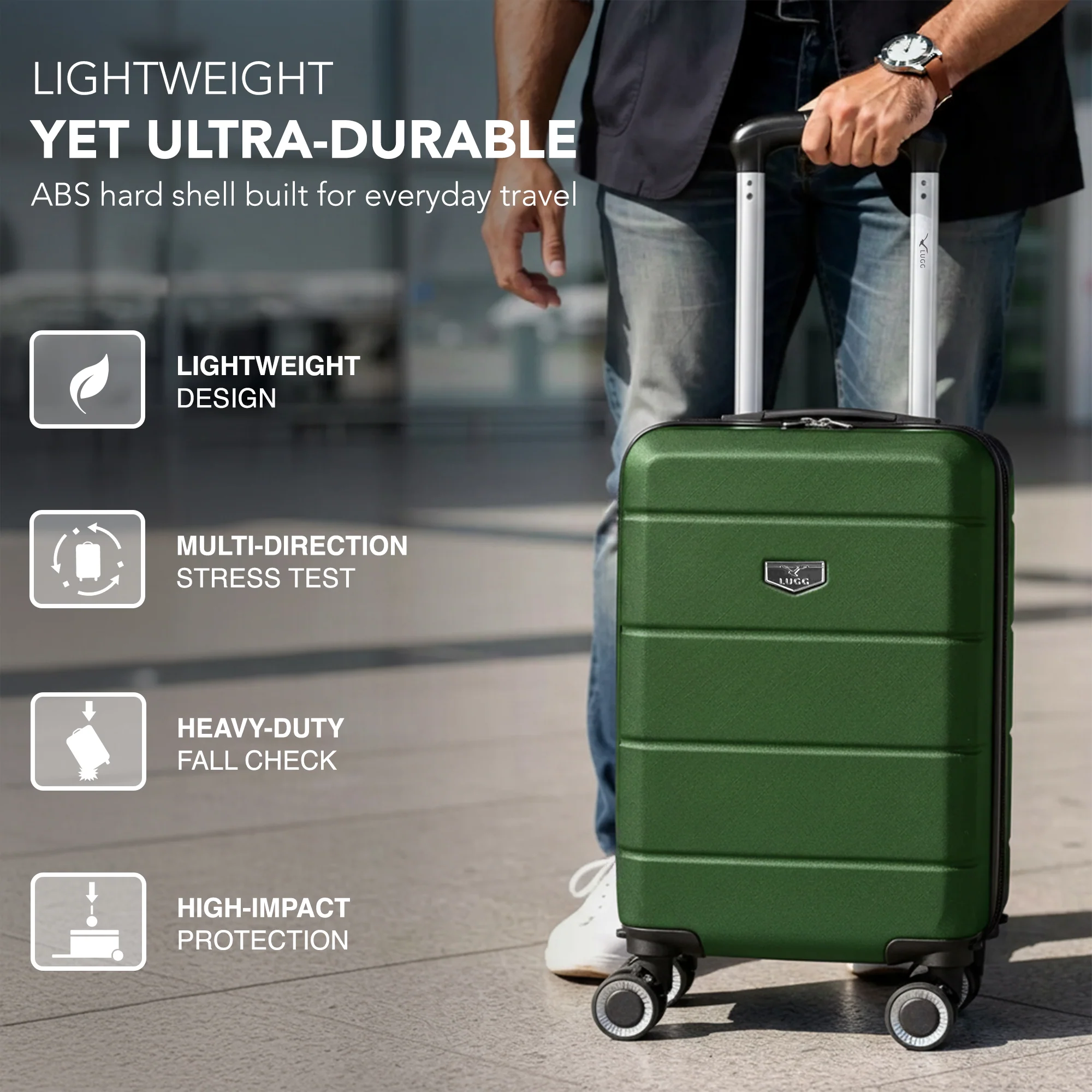 LUGG - Jetset 40cm Suitcase - 40x30x20cm- Ryanair Compatible  - Underseat Size - Hard Shell ABS - Spinner & Removable Wheels - Lightweight Travel Luggage- Army Green - Image 3