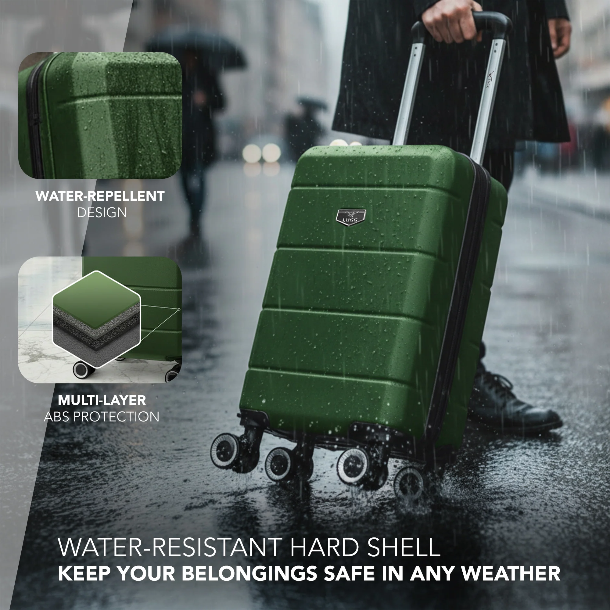 LUGG - Jetset 40cm Suitcase - 40x30x20cm- Ryanair Compatible  - Underseat Size - Hard Shell ABS - Spinner & Removable Wheels - Lightweight Travel Luggage- Army Green - Image 4