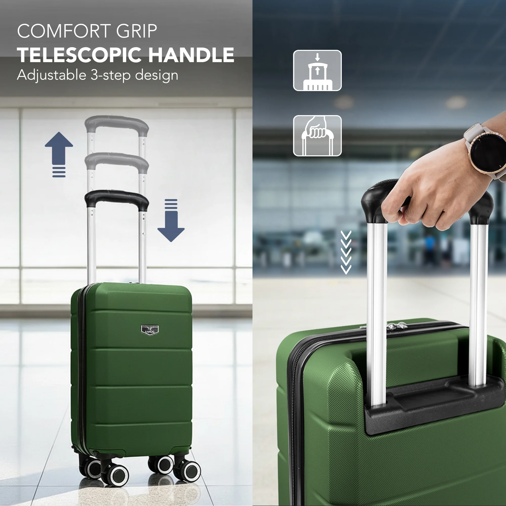 LUGG - Jetset 40cm Suitcase - 40x30x20cm- Ryanair Compatible  - Underseat Size - Hard Shell ABS - Spinner & Removable Wheels - Lightweight Travel Luggage- Army Green - Image 7