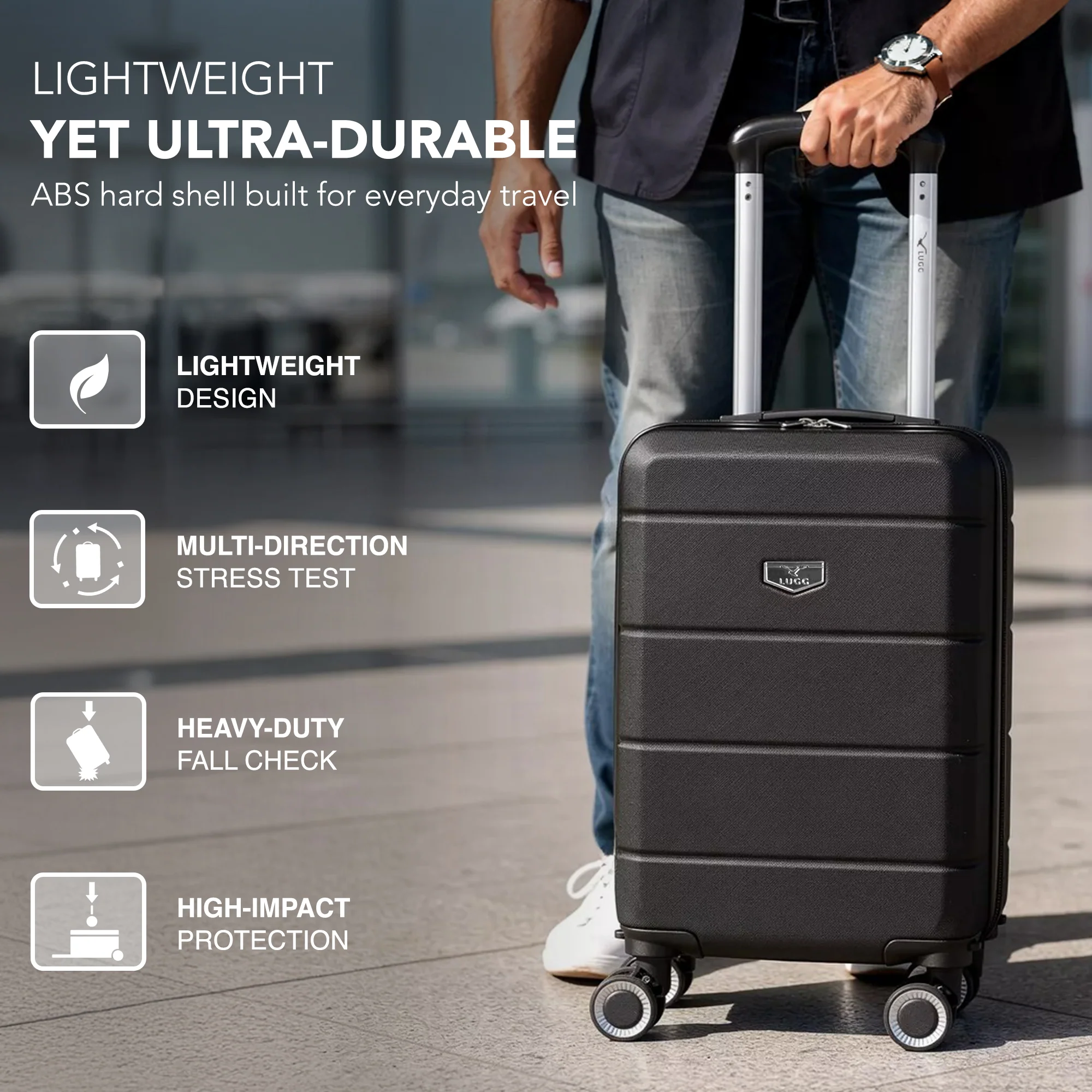 LUGG - Jetset 40cm Suitcase - 40x30x20cm- Ryanair Compatible - Underseat Size - Hard Shell ABS - Spinner & Removable Wheels - Lightweight Travel Luggage- Black - Image 3