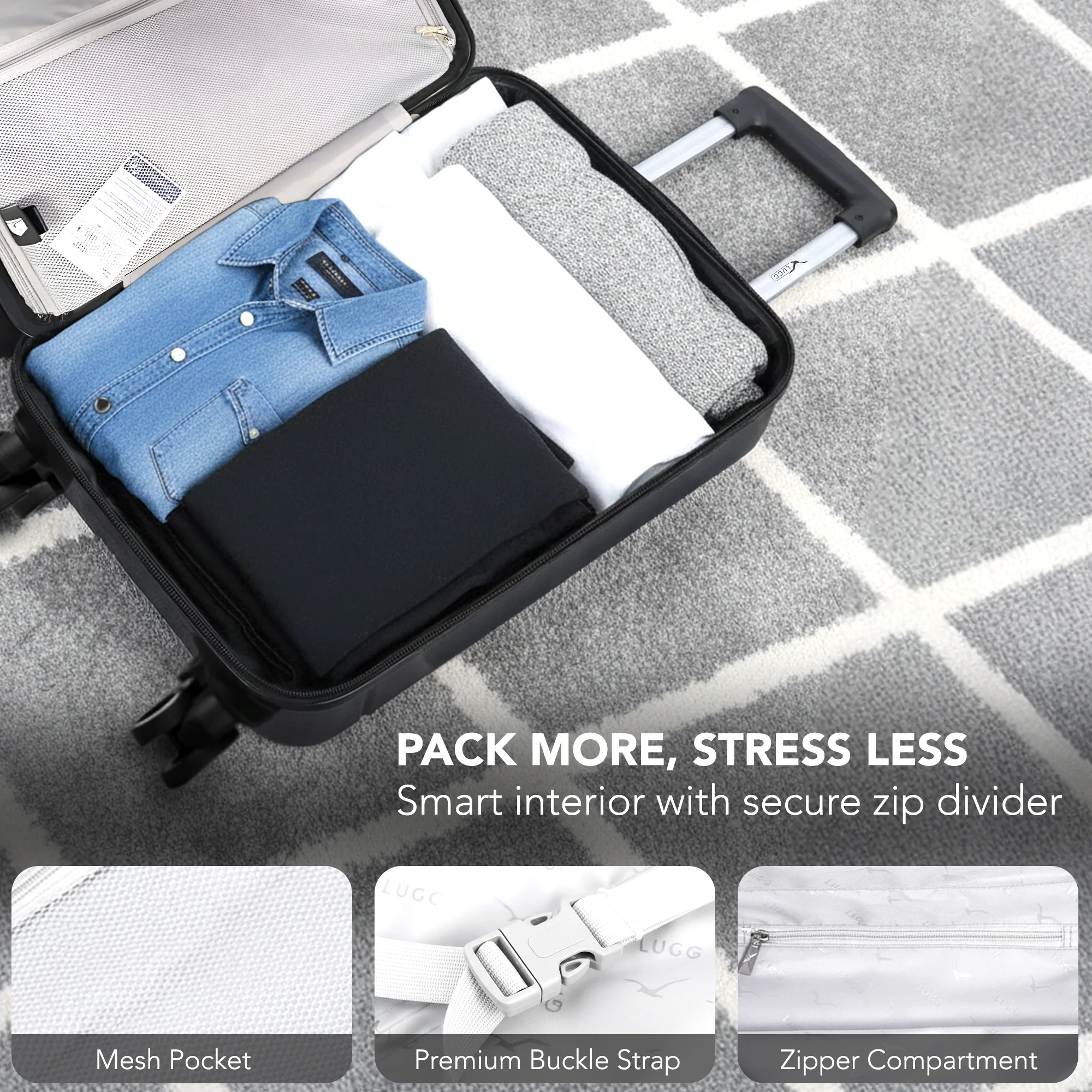 LUGG - Jetset 40cm Suitcase - 40x30x20cm- Ryanair Compatible - Underseat Size - Hard Shell ABS - Spinner & Removable Wheels - Lightweight Travel Luggage- Black - Image 8
