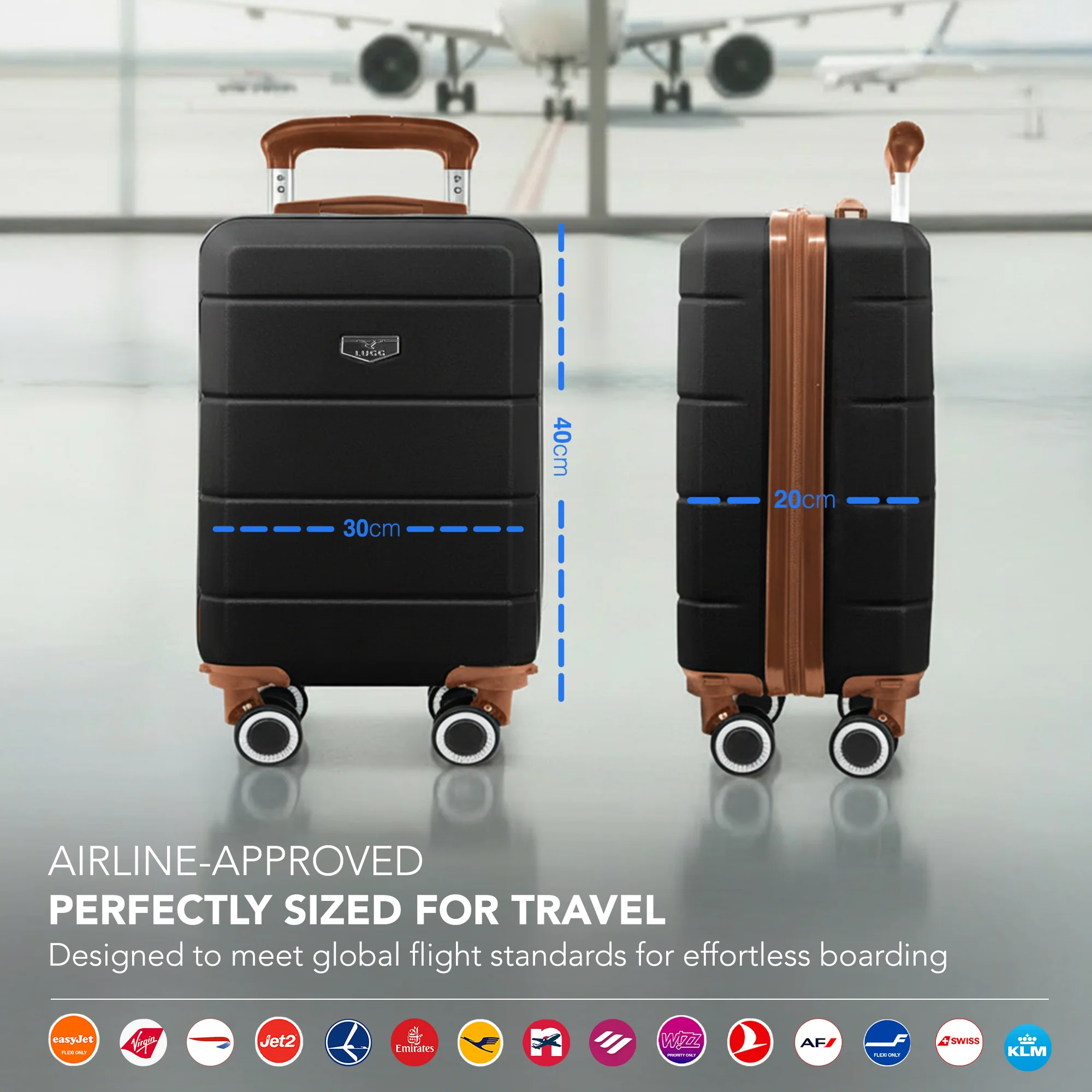 LUGG - Jetset 40cm Suitcase - 40x30x20cm- Ryanair Compatible - Underseat Size - Hard Shell ABS - Spinner & Removable Wheels - Lightweight Travel Luggage- Black/Brown - Image 2