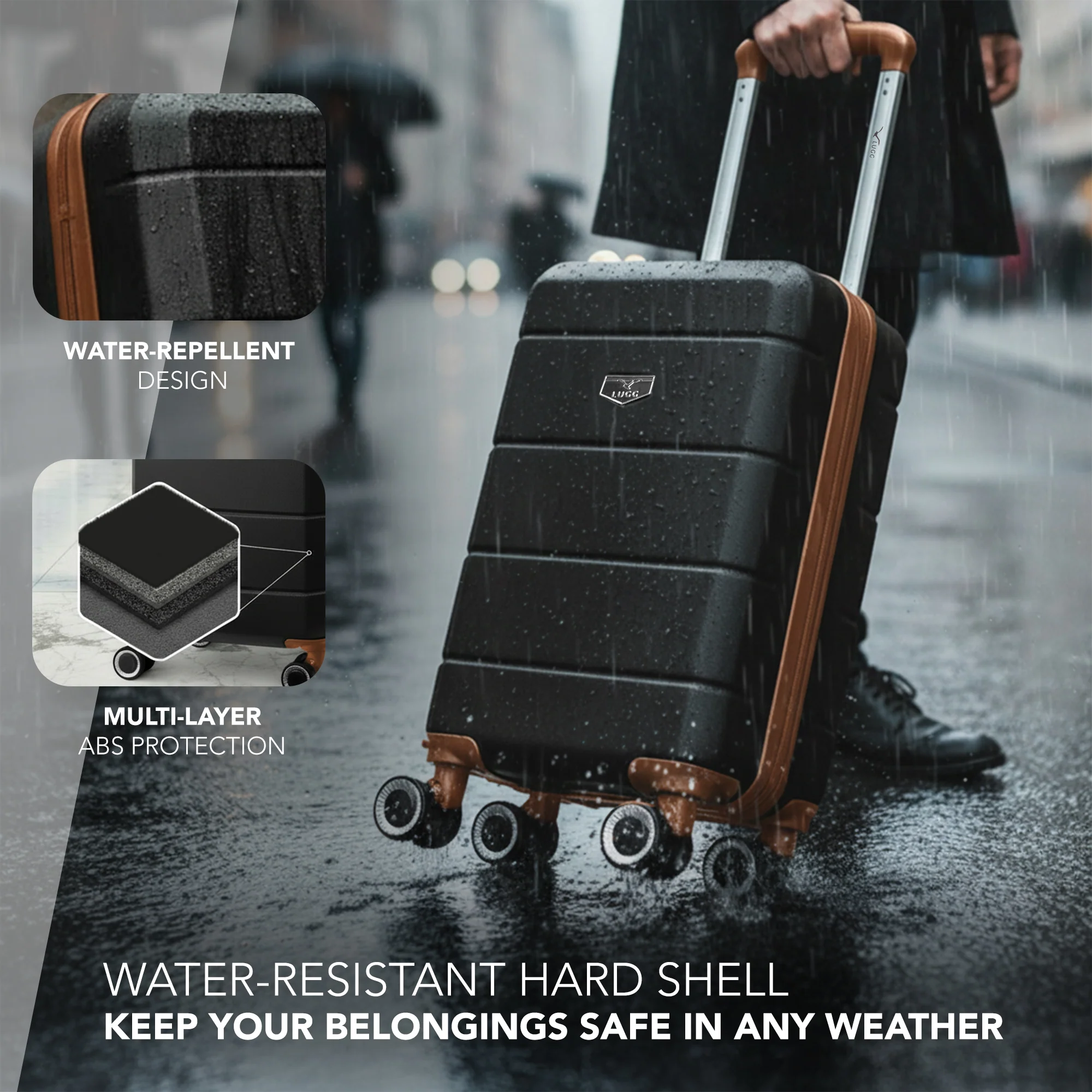 LUGG - Jetset 40cm Suitcase - 40x30x20cm- Ryanair Compatible - Underseat Size - Hard Shell ABS - Spinner & Removable Wheels - Lightweight Travel Luggage- Black/Brown - Image 4