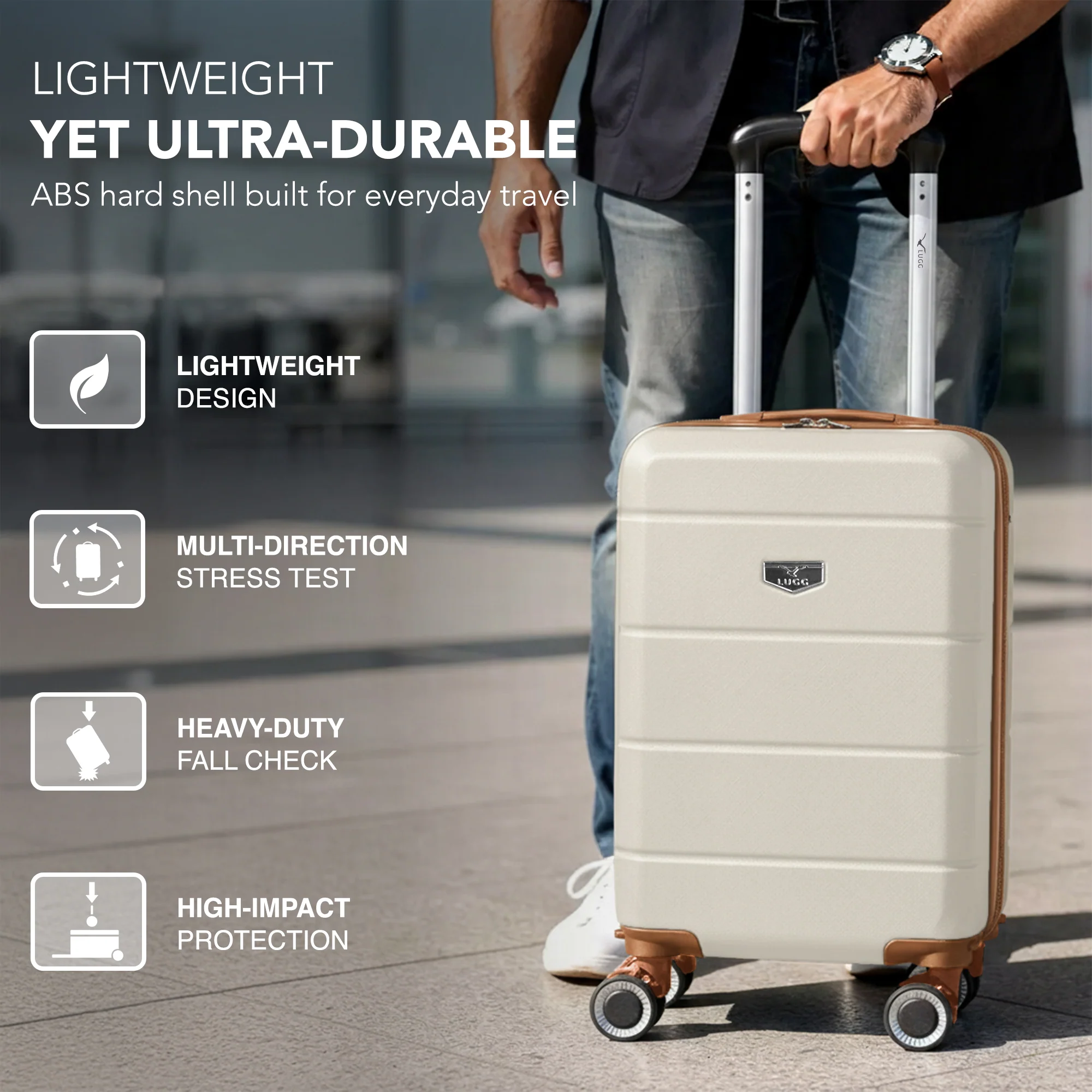 LUGG - Jetset 40cm Suitcase - 40x30x20cm- Ryanair Compatible  - Underseat Size - Hard Shell ABS - Spinner & Removable Wheels - Lightweight Travel Luggage- Cream/Brown - Image 3