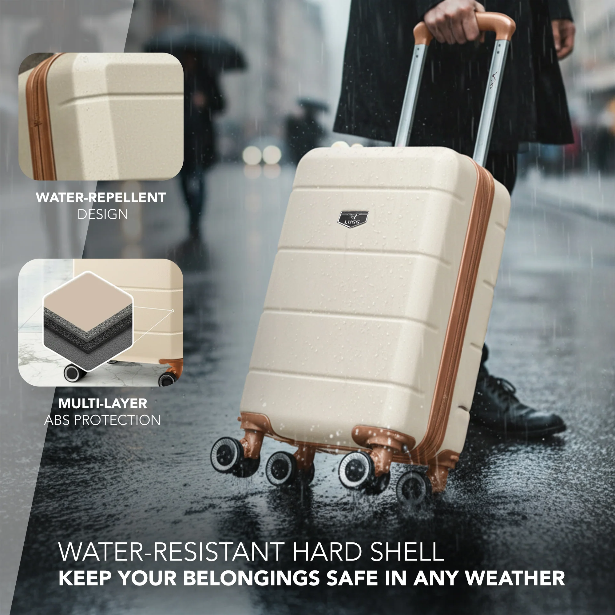 LUGG - Jetset 40cm Suitcase - 40x30x20cm- Ryanair Compatible  - Underseat Size - Hard Shell ABS - Spinner & Removable Wheels - Lightweight Travel Luggage- Cream/Brown - Image 4