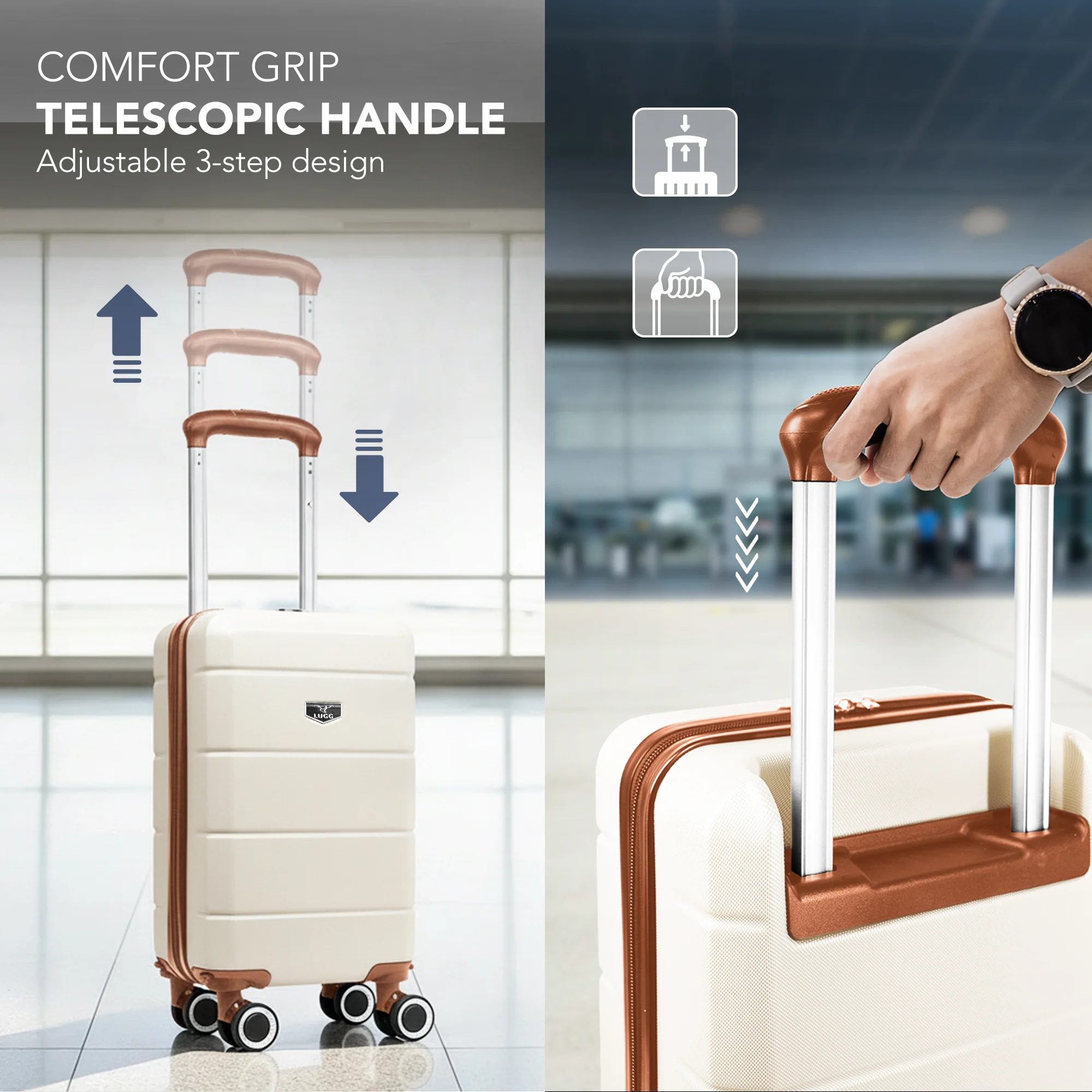 LUGG - Jetset 40cm Suitcase - 40x30x20cm- Ryanair Compatible  - Underseat Size - Hard Shell ABS - Spinner & Removable Wheels - Lightweight Travel Luggage- Cream/Brown - Image 7
