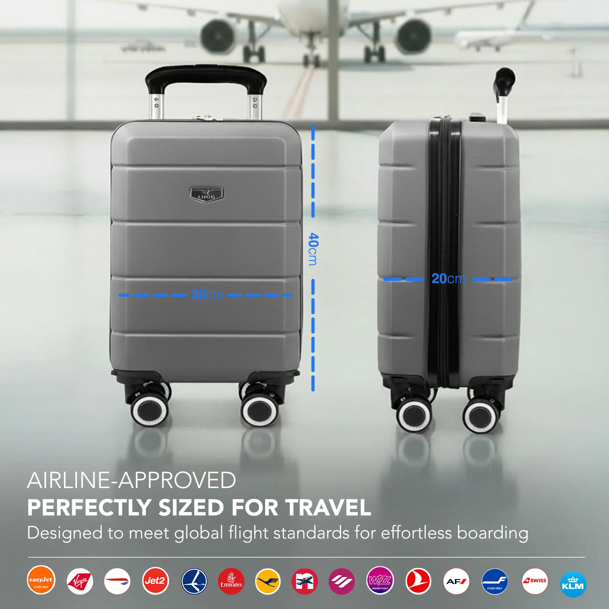 LUGG - Jetset 40cm Suitcase - 40x30x20cm- Ryanair Compatible - Underseat Size - Hard Shell ABS - Spinner & Removable Wheels - Lightweight Travel Luggage- Gunmetal - Image 2