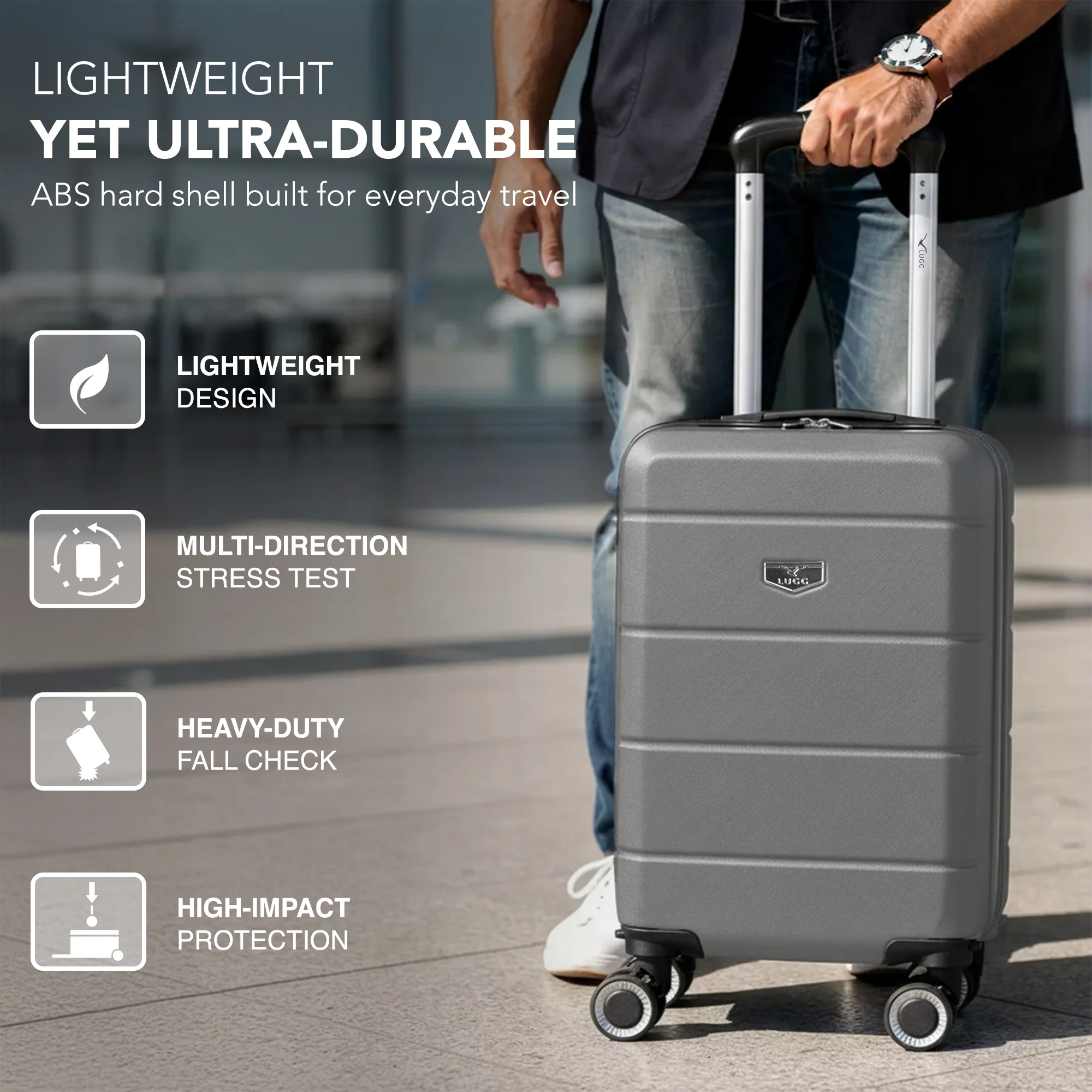 LUGG - Jetset 40cm Suitcase - 40x30x20cm- Ryanair Compatible - Underseat Size - Hard Shell ABS - Spinner & Removable Wheels - Lightweight Travel Luggage- Gunmetal - Image 3