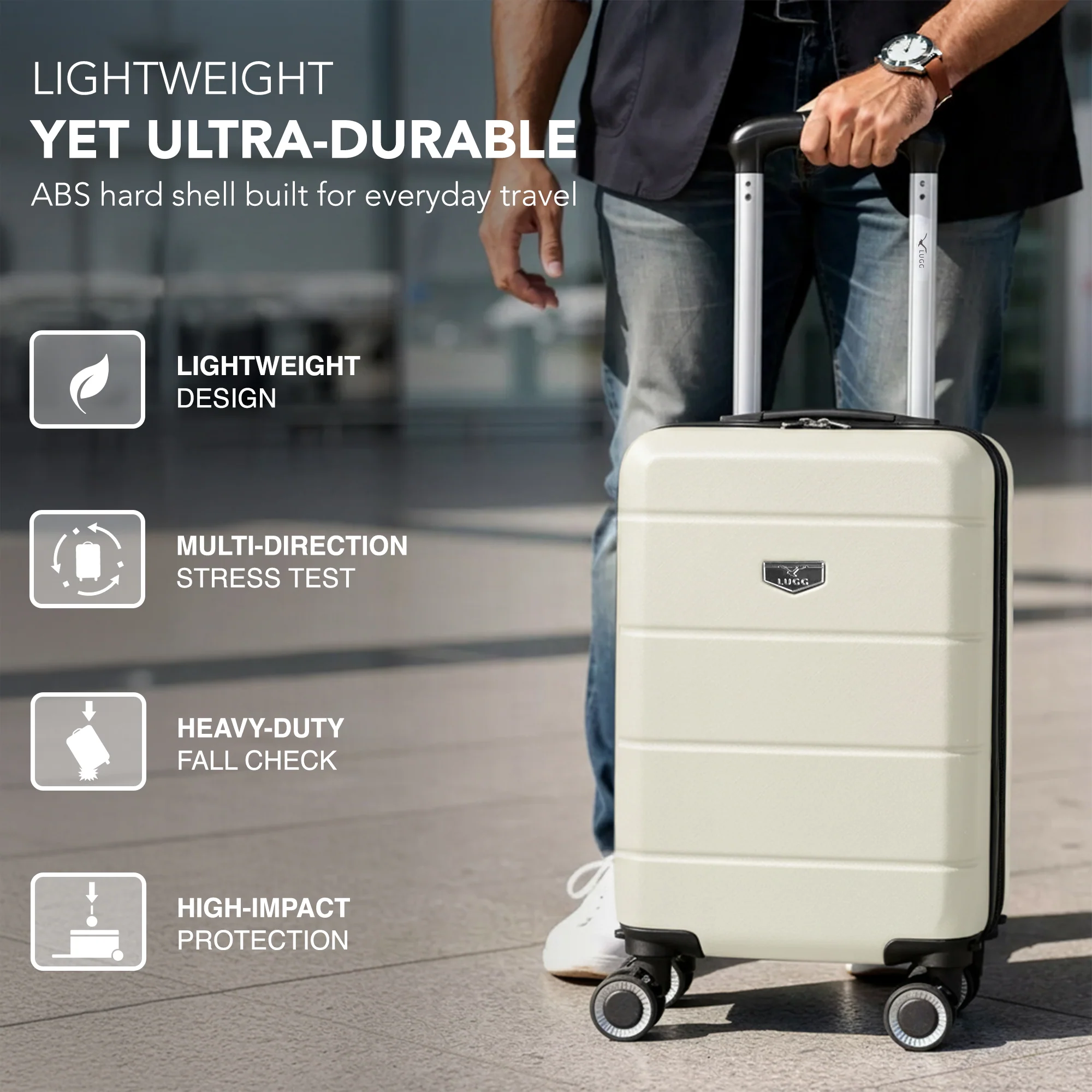 LUGG - Jetset 40cm Suitcase - 40x30x20cm- Ryanair Compatible - Underseat Size - Hard Shell ABS - Spinner & Removable Wheels - Lightweight Travel Luggage- Ivory - Image 3