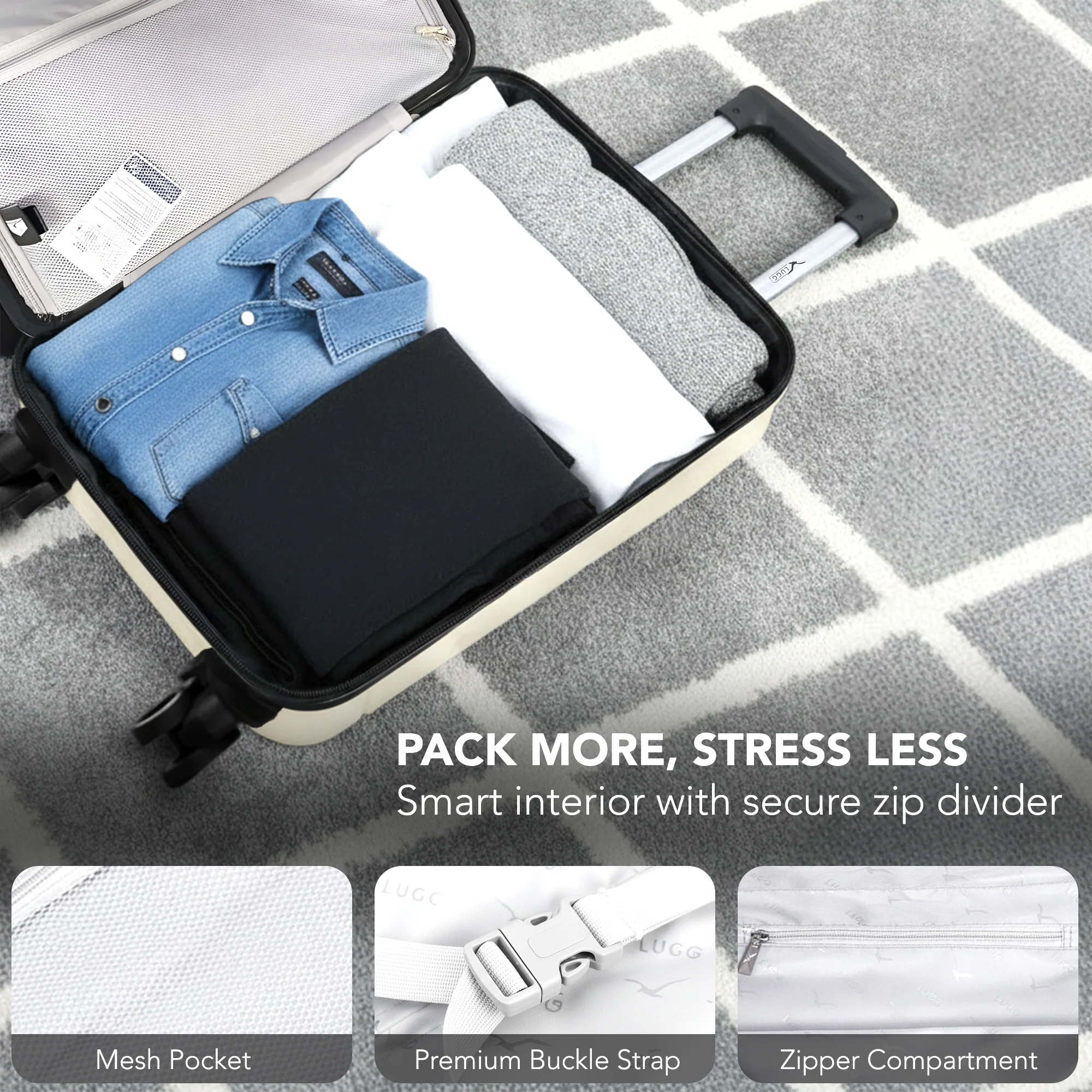 LUGG - Jetset 40cm Suitcase - 40x30x20cm- Ryanair Compatible - Underseat Size - Hard Shell ABS - Spinner & Removable Wheels - Lightweight Travel Luggage- Ivory - Image 8