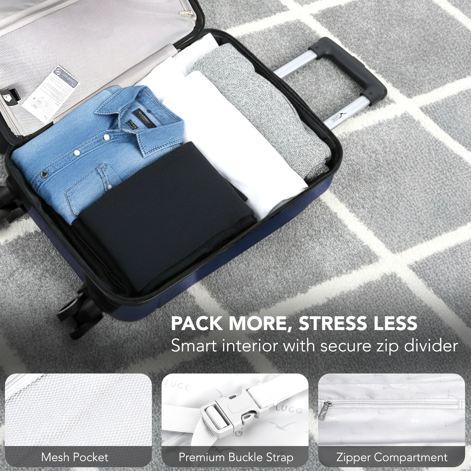 LUGG - Jetset 40cm Suitcase - 40x30x20cm- Ryanair Compatible - Underseat Size - Hard Shell ABS - Spinner & Removable Wheels - Lightweight Travel Luggage- Midnight Blue - Image 8